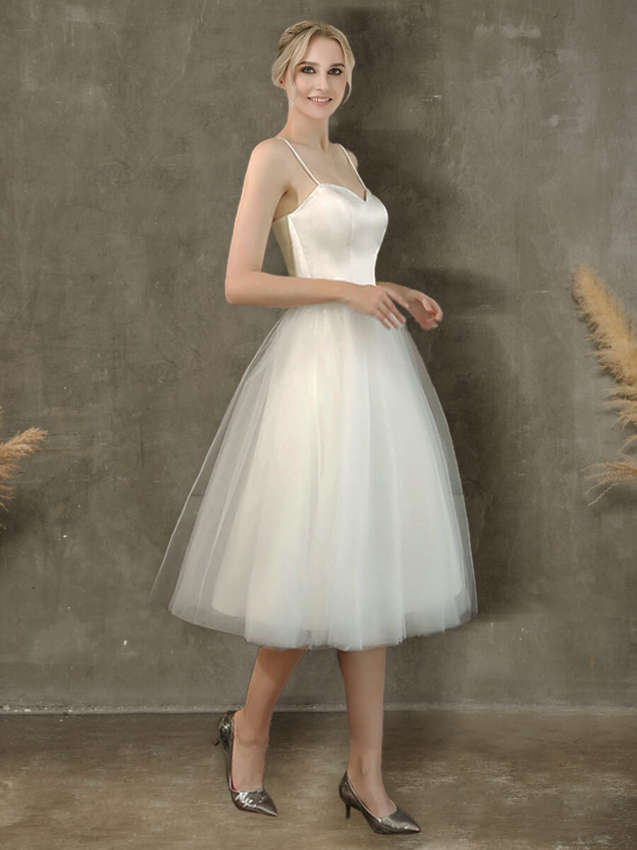 Elegant A-Line Ballet Spaghetti Straps Sweetheart Satin Tulle Short Wedding Dress for Bride, Bridesmaid, or Prom - Perfect for Beach Weddings, Vow Renewals & Romantic Photo Shoots
