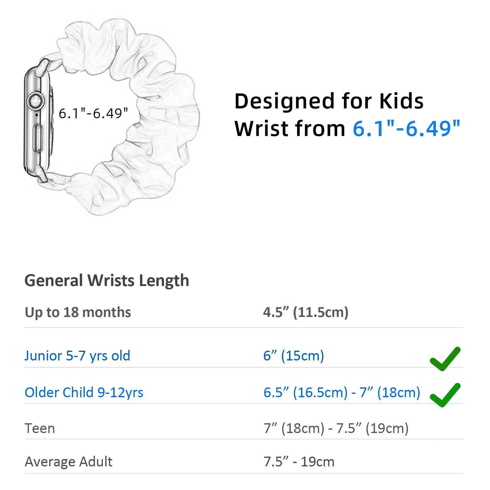 Cute Stretchy Scrunchie Apple Watch Band for Kids & Girls - Soft Fabric Strap Compatible with iWatch Series 9/8/7/6/5/4/3/2/1/SE (38/40/41mm & 42/44/45mm) - Easy On/Off Design for School, Sports & Playtime