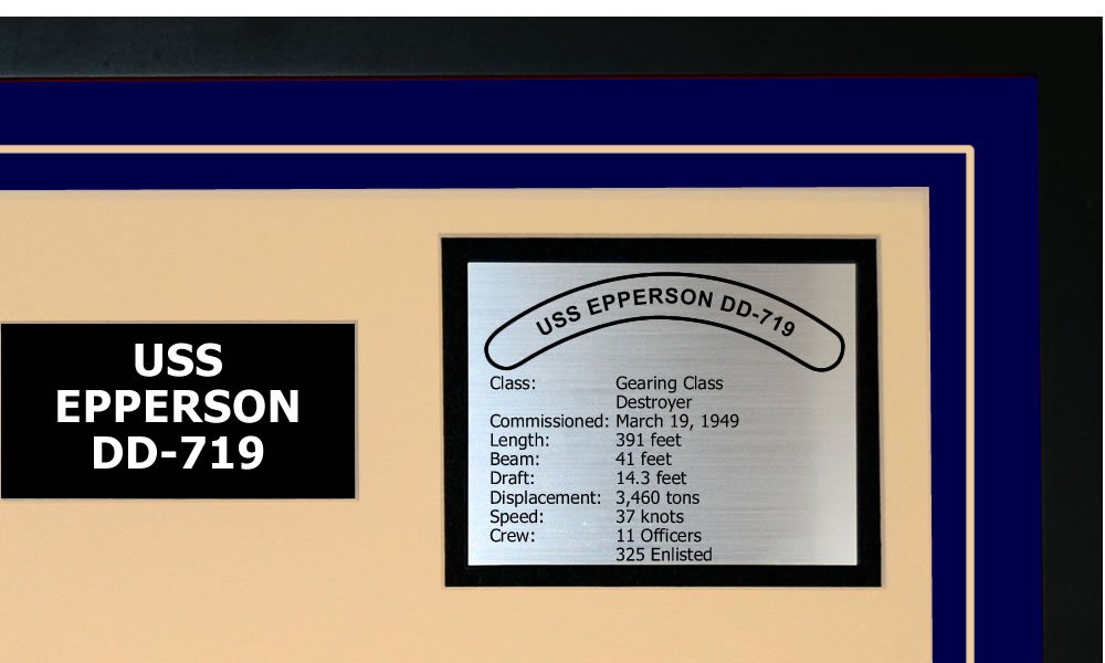 USS Epperson DD-719 Navy Ship Model - Framed Blue Display for Home & Office Decor | Military Memorabilia & Nautical Theme Gifts