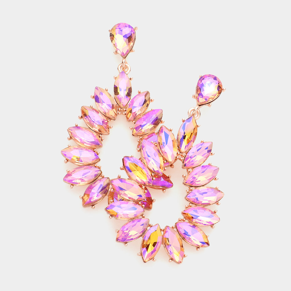 Elegant Pink Marquise Stone Cluster Open Teardrop Dangle Earrings for Pageant, Party & Special Occasions | AB Crystal Rhinestone Jewelry | 576920