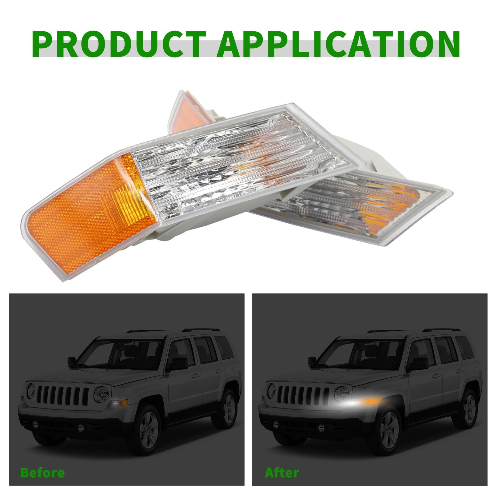 2007-2017 Jeep Patriot Replacement Front Turn Signal Lights - Compatible with Part Numbers 68004180AC, 68004181AC, CH2527102, CH2526102 - Durable Amber Lens for Enhanced Visibility & Safety - Perfect for Off-Roading, Daily Commuting & Night Driving