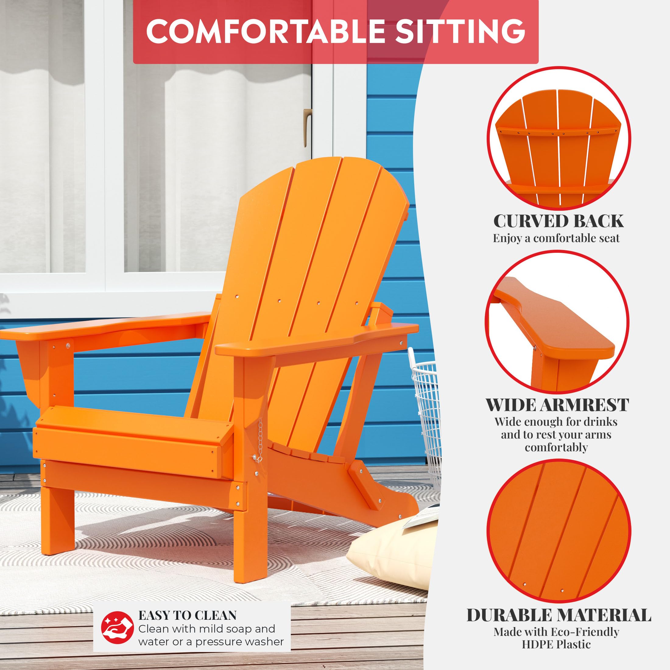 Premium Outdoor Folding Chair - All-Weather Patio & Garden Seating, Portable Adirondack Style for Backyard, Pool, Camping & Firepit (Orange) | Perfect for Picnics, Beach Trips & Outdoor Parties