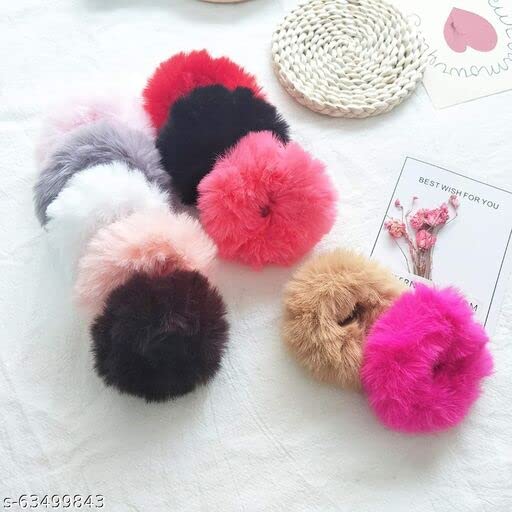 Trendy Club™ 6 Pack Faux Fur Scrunchies with Pompom Balls - Soft Fluffy Hair Ties for Women & Girls - Perfect for Ponytails, Buns & Everyday Hair Accessories (Great Gift Idea)