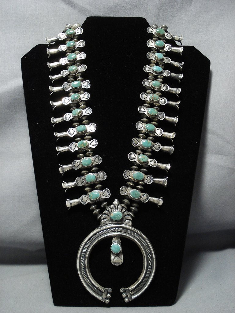 1940's Vintage Native American Jewelry Navajo Green Turquoise Sterling Silver Squash Blossom Necklace