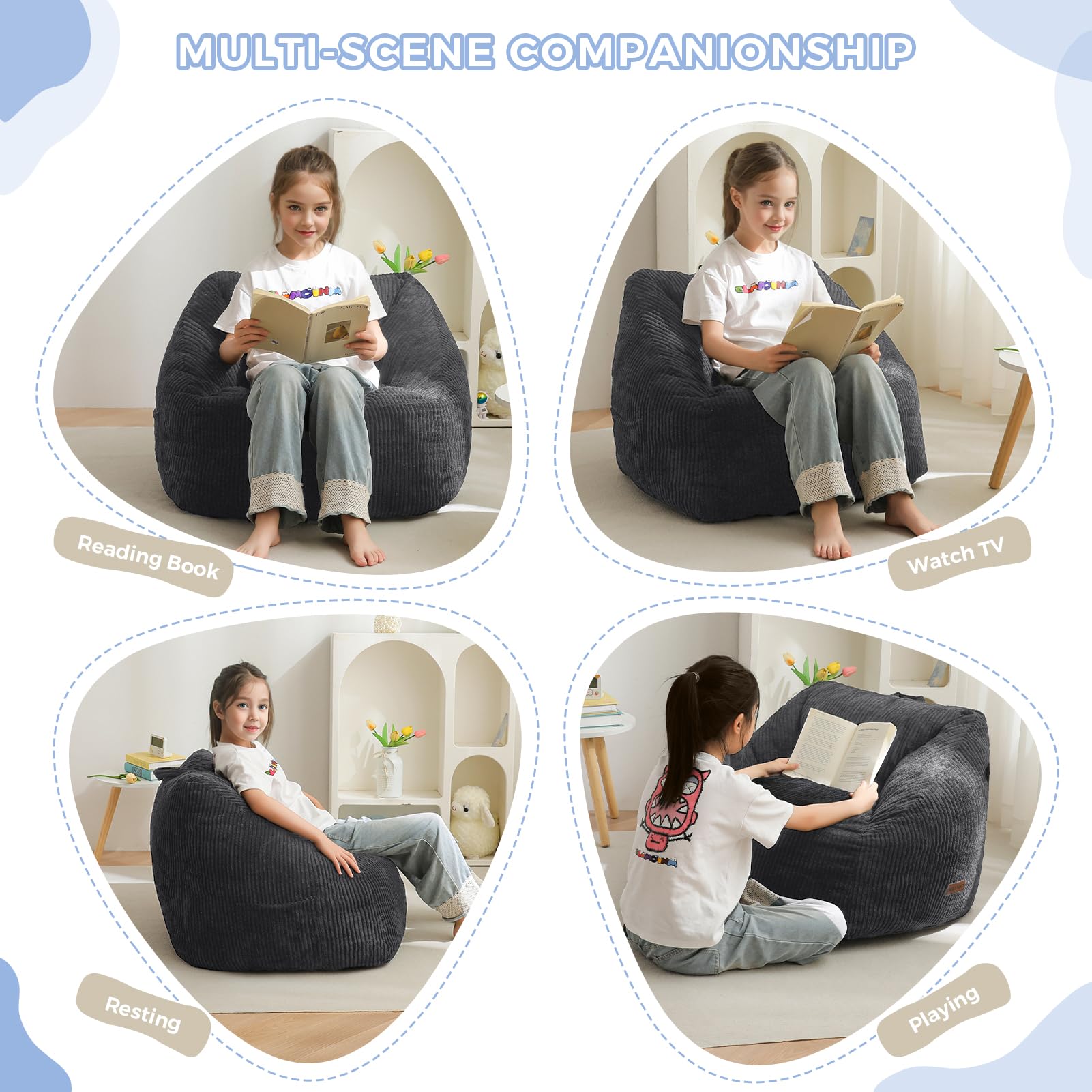 MAXYOYO Kids Bean Bag Chair - Corduroy Gaming & Reading Lounge Chair with Handle & Storage Pocket for Boys & Girls, Dark Grey - Perfect for Bedrooms, Playrooms & Dorm Relaxation
