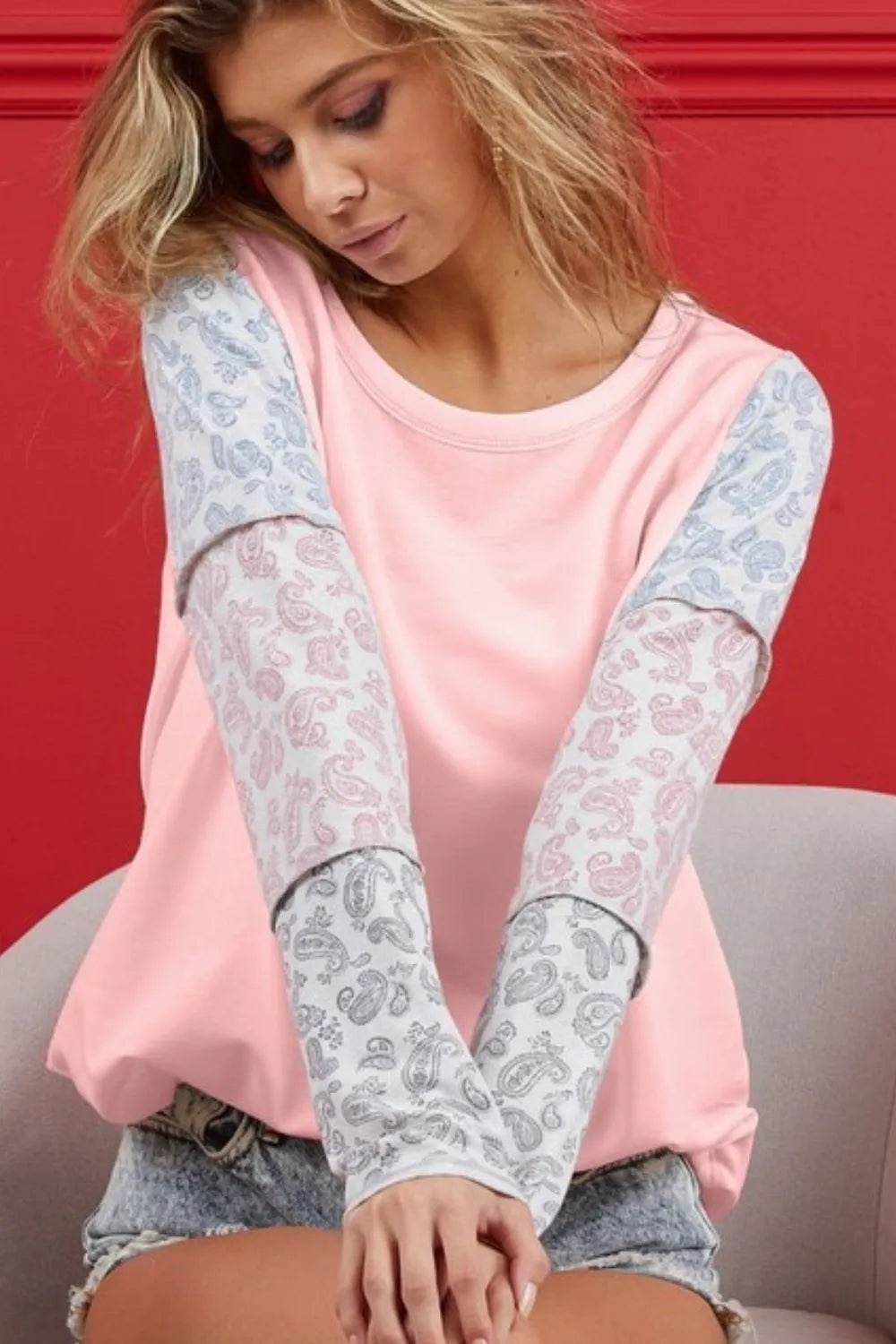 BiBi French Terry Paisley Triblend Color Block T-Shirt - Soft & Stylish Women's Casual Top for Everyday Wear