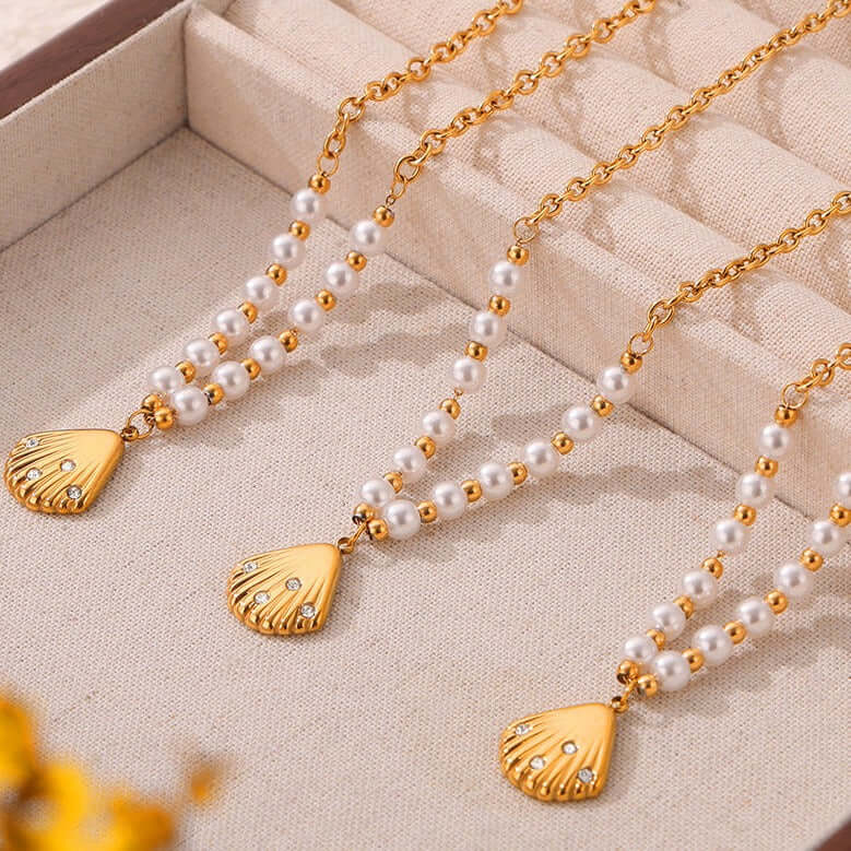 18K Gold Freshwater Pearl Seashell Pendant Earrings Set for Women - Elegant Dangle Drop Earrings for Wedding, Party & Evening Wear | MDT010
