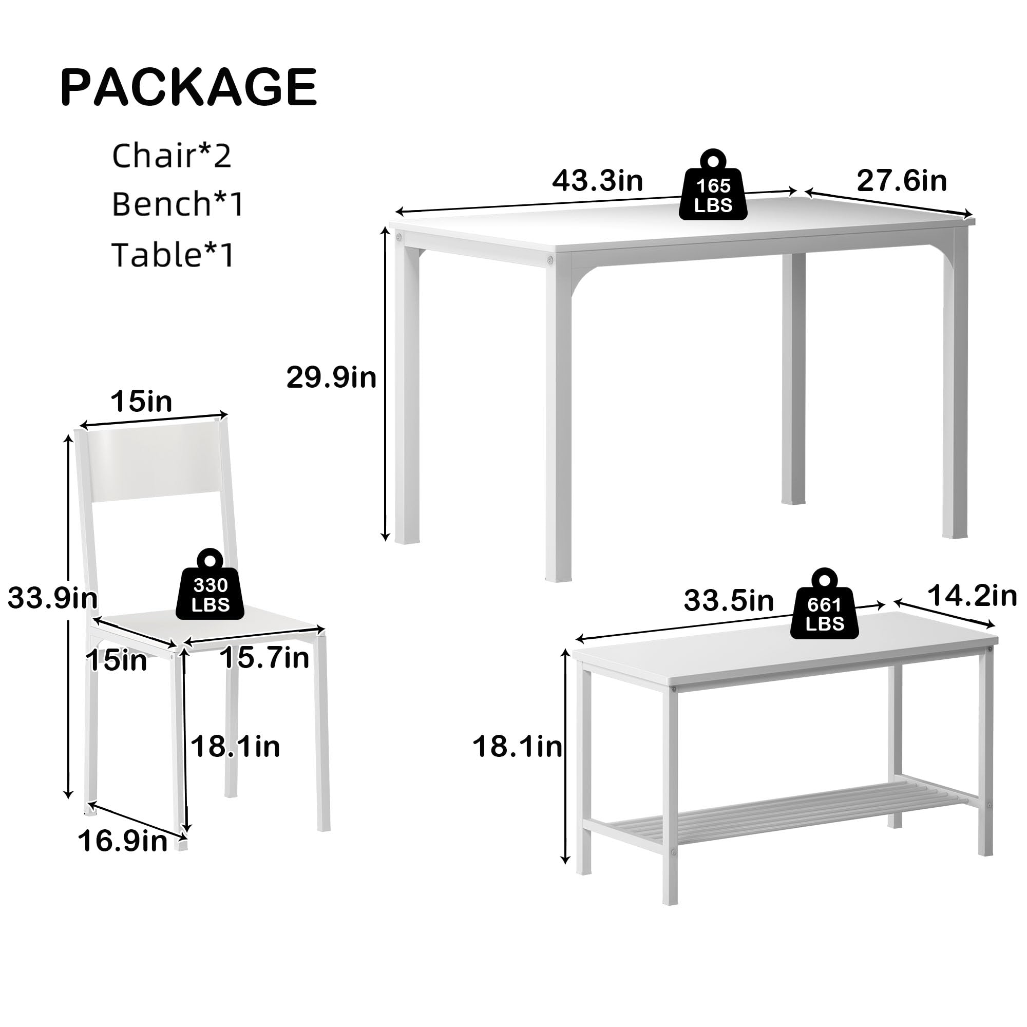 SogesFurniture 4-Piece White Dining Table Set with Table, 2 Chairs & Bench - 44 Inch Kitchen Dinette Set for Small Spaces | Perfect for Breakfast Nook, Apartment Kitchen or Cozy Dining Area