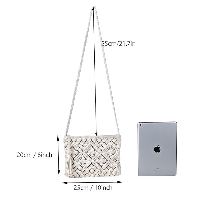 AIZA DECOR Women's Handmade Macrame Crossbody Bag - Boho Chic Sling Tote Purse for Women & Girls | Macrame Market Bag, Beach Bag, Festival Accessory | Perfect Gift for Birthday, Mother's Day (Off White)