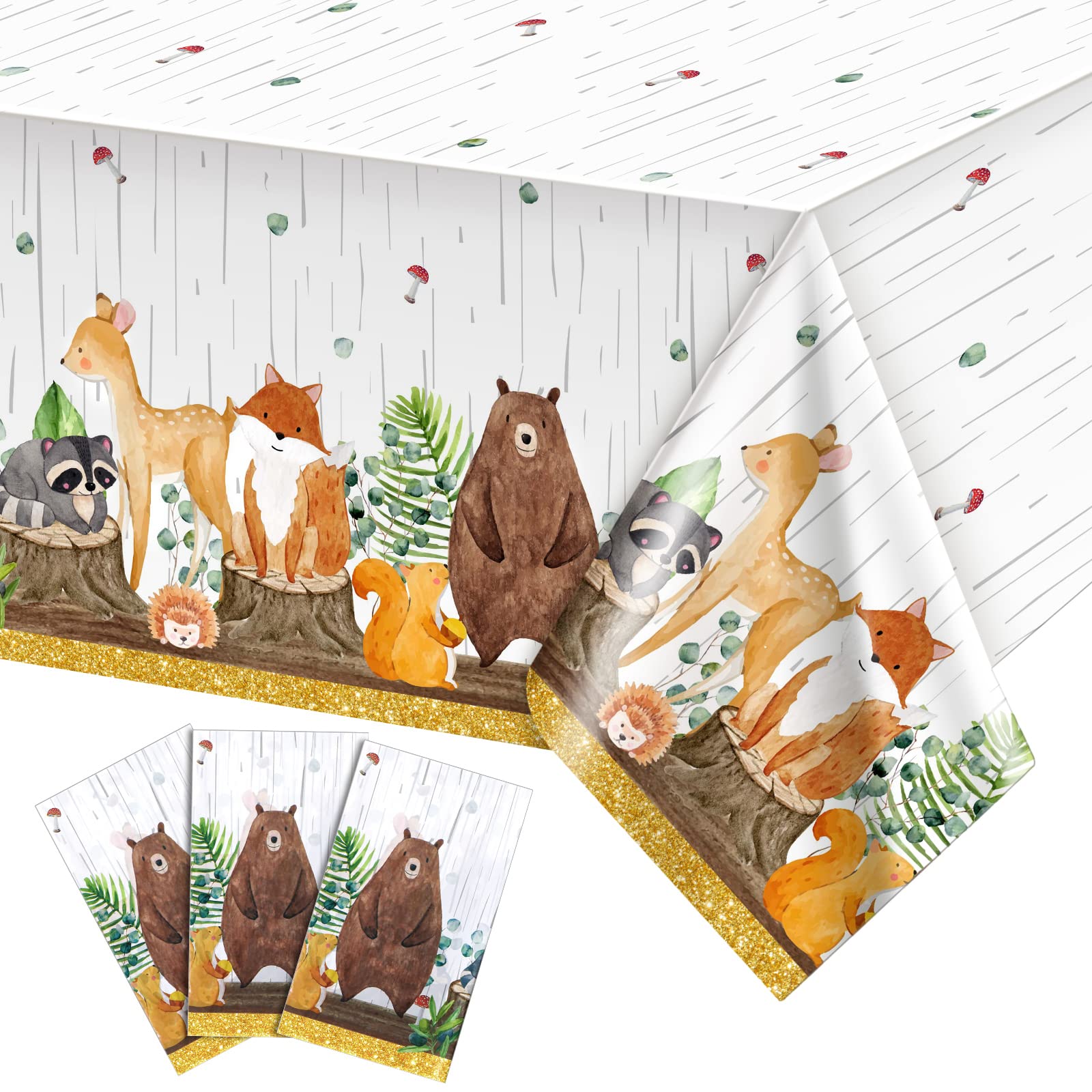 Dianelhall 3-Piece Woodland Tablecloth Set - Forest Animals Baby Shower Decorations, Cute Woodland Theme Table Covers for Boys Baby Shower Party, Birthday, Nursery Decor & Outdoor Picnic