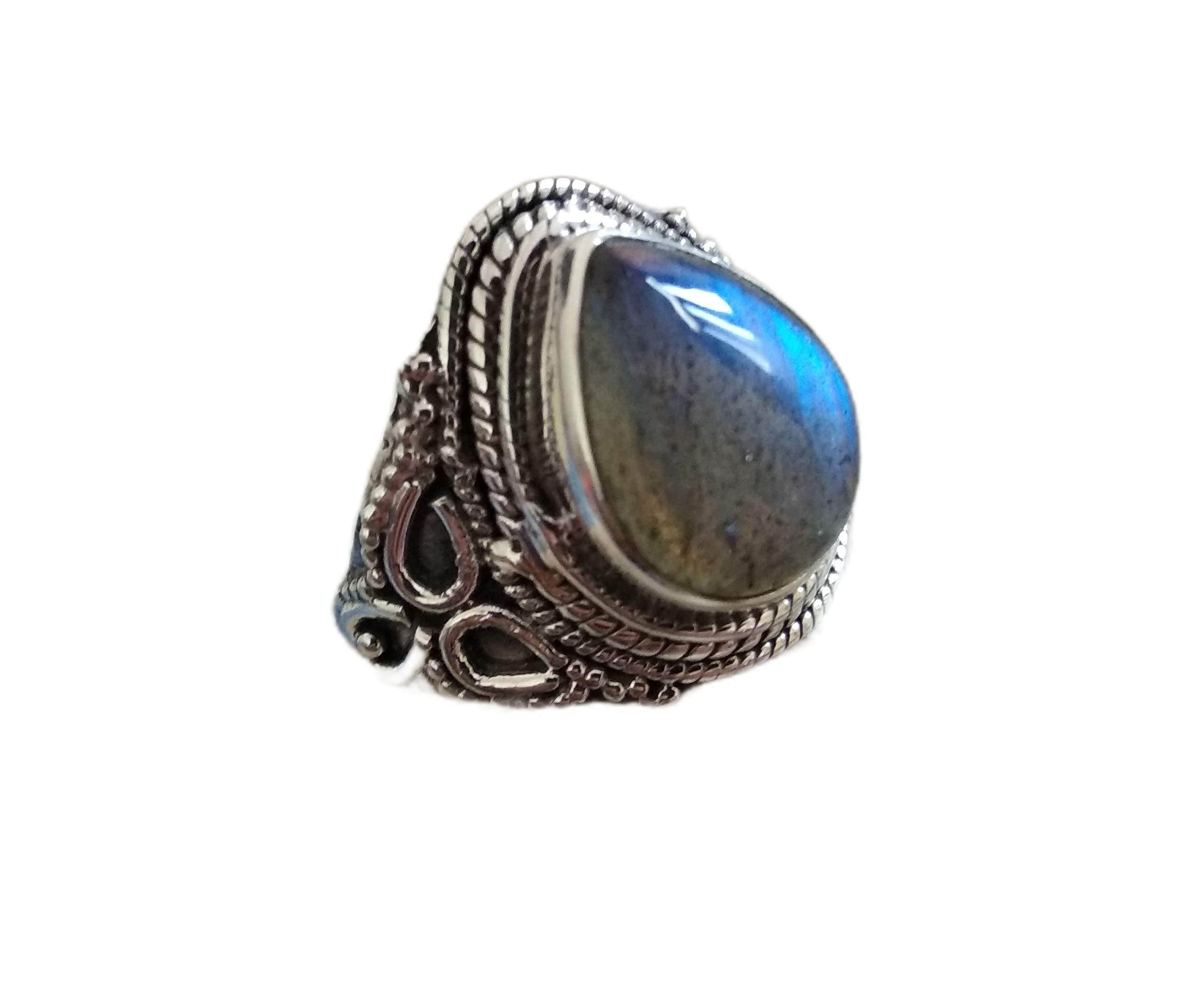 Labradorite Ring for Women - 925 Sterling Silver Teardrop Blue Fire Labradorite Stone - Handmade Boho Statement Ring - Vintage & Gypsy Style Jewelry - Perfect for Festivals, Weddings & Boho Fashion