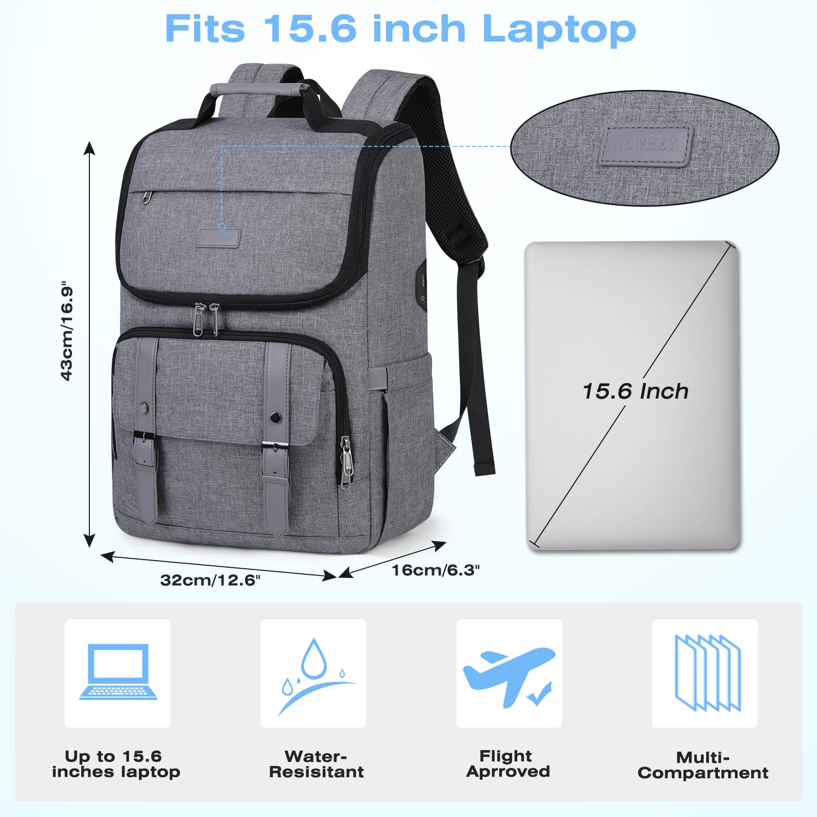 15.6 Inch Waterproof Laptop Backpack for Men & Women - TSA Friendly Business Travel Backpack with USB Charging Port, Grey | Perfect for Work, Commuting & Airplane Carry-On