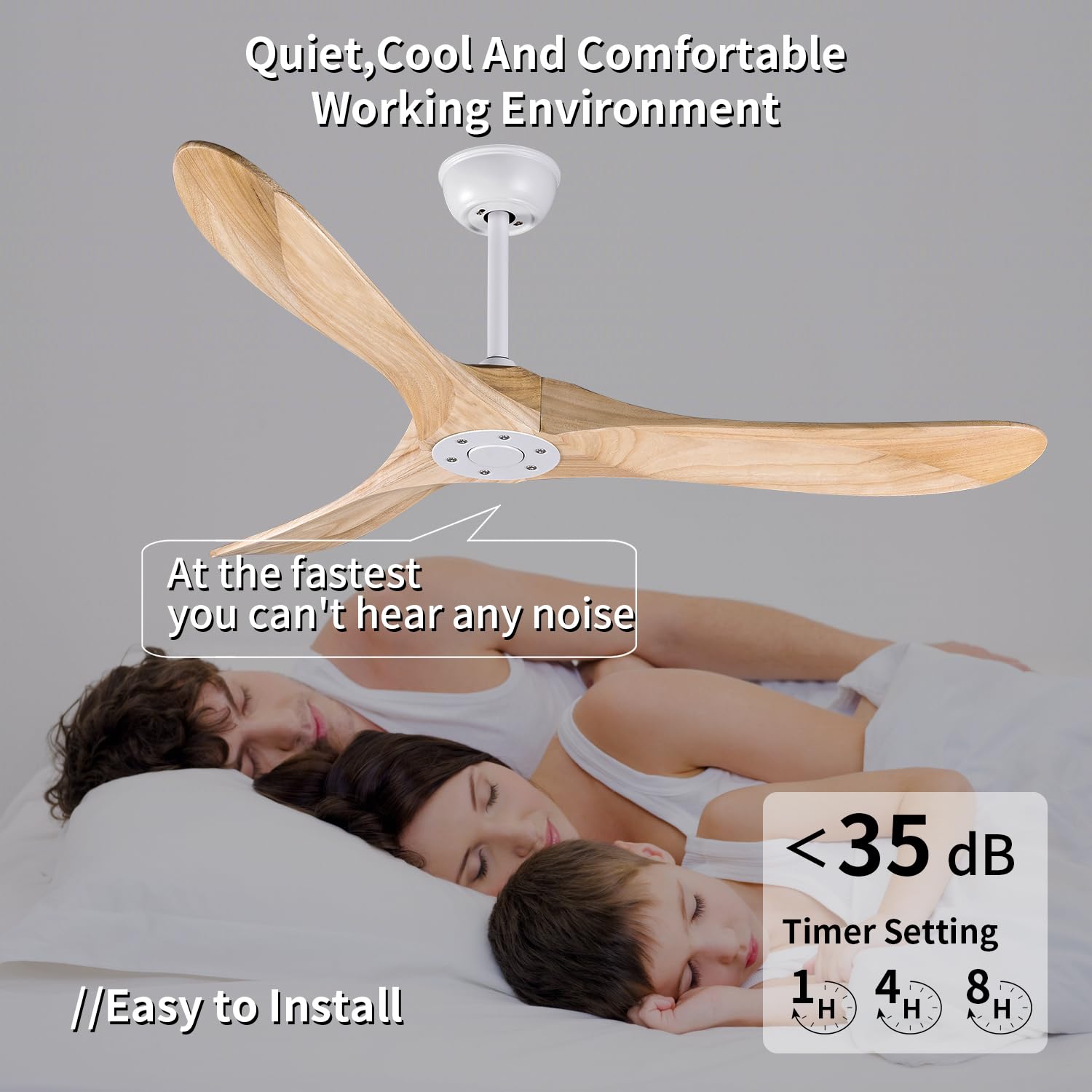 Bigzone 52 Inch Modern Ceiling Fan Without Light - DC Motor Energy Efficient Ceiling Fan - 3 Solid Wood Blades - Remote Control - Reversible Blades - Indoor/Outdoor Use for Patio, Bedroom, Living Room, Porch