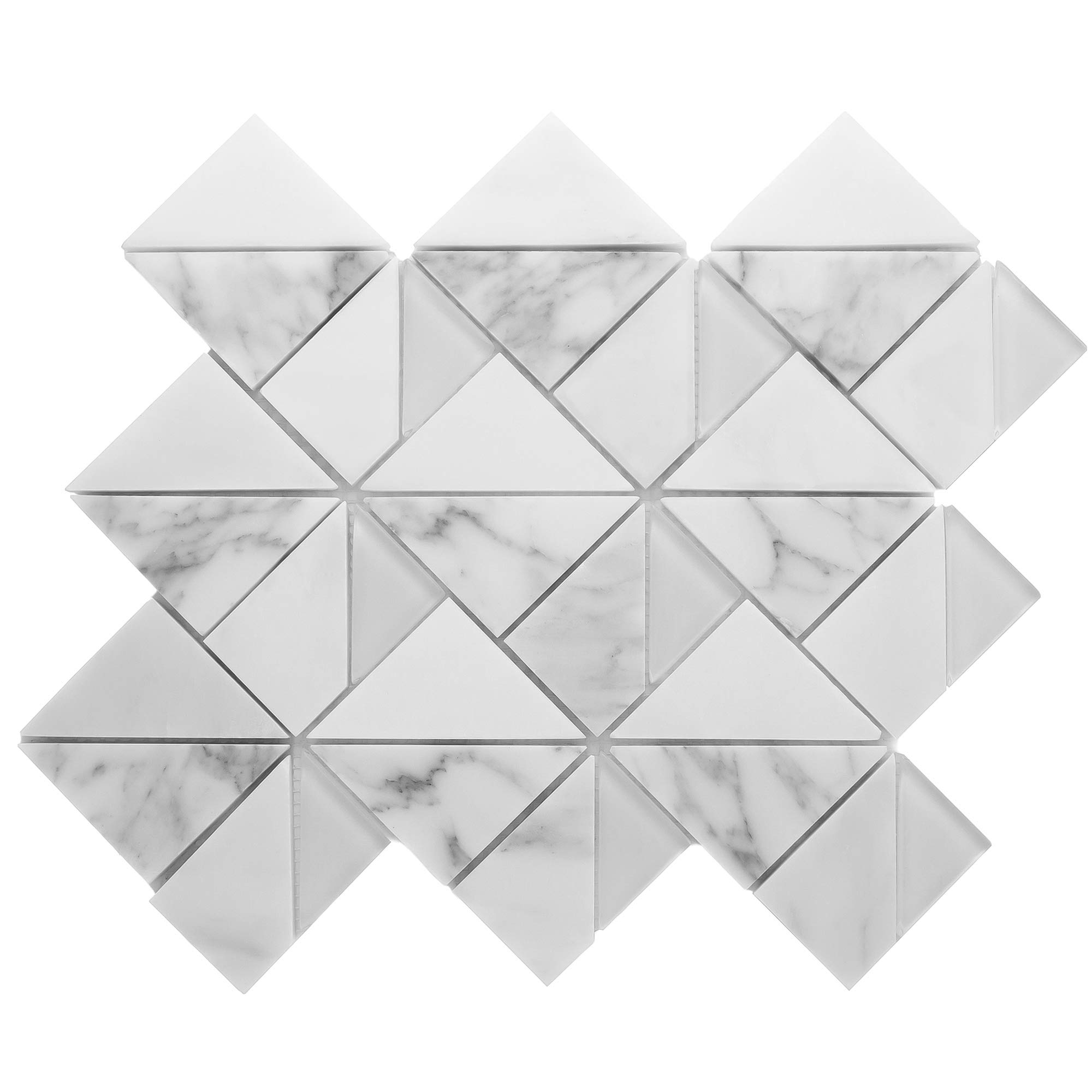 TMOPG-01 White Carrara Marble Mosaic Tile - 10 Sheets Triangle Square Pattern - Waterproof Peel & Stick Backsplash for Kitchen, Bathroom, Shower Wall - Natural Stone Wall Tile for Home Decor