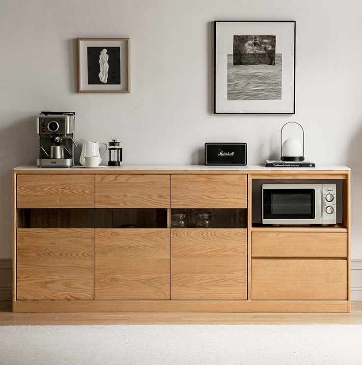 Oak Solid Wood Nordic Sideboard with Slate Top - Modern Buffet Cabinet for Dining Room, Living Room & Entryway Storage