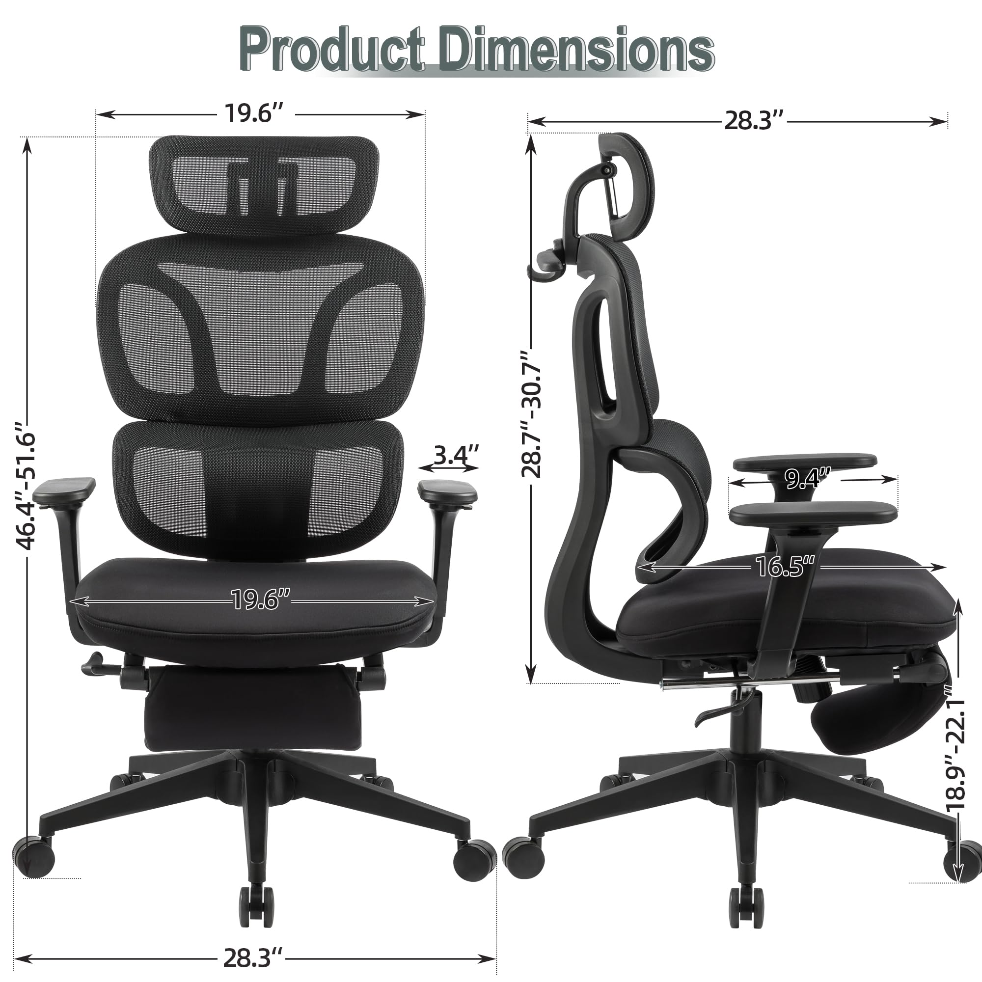 Ergonomic Office Chair with Footrest & Coat Hanger - High Back Mesh Computer Chair with Lumbar Support - Breathable High Resilience Sponge Seat - Adjustable Reclining Home Office Desk Chair (Black) - Perfect for Long Work Hours, Gaming & Remote Work
