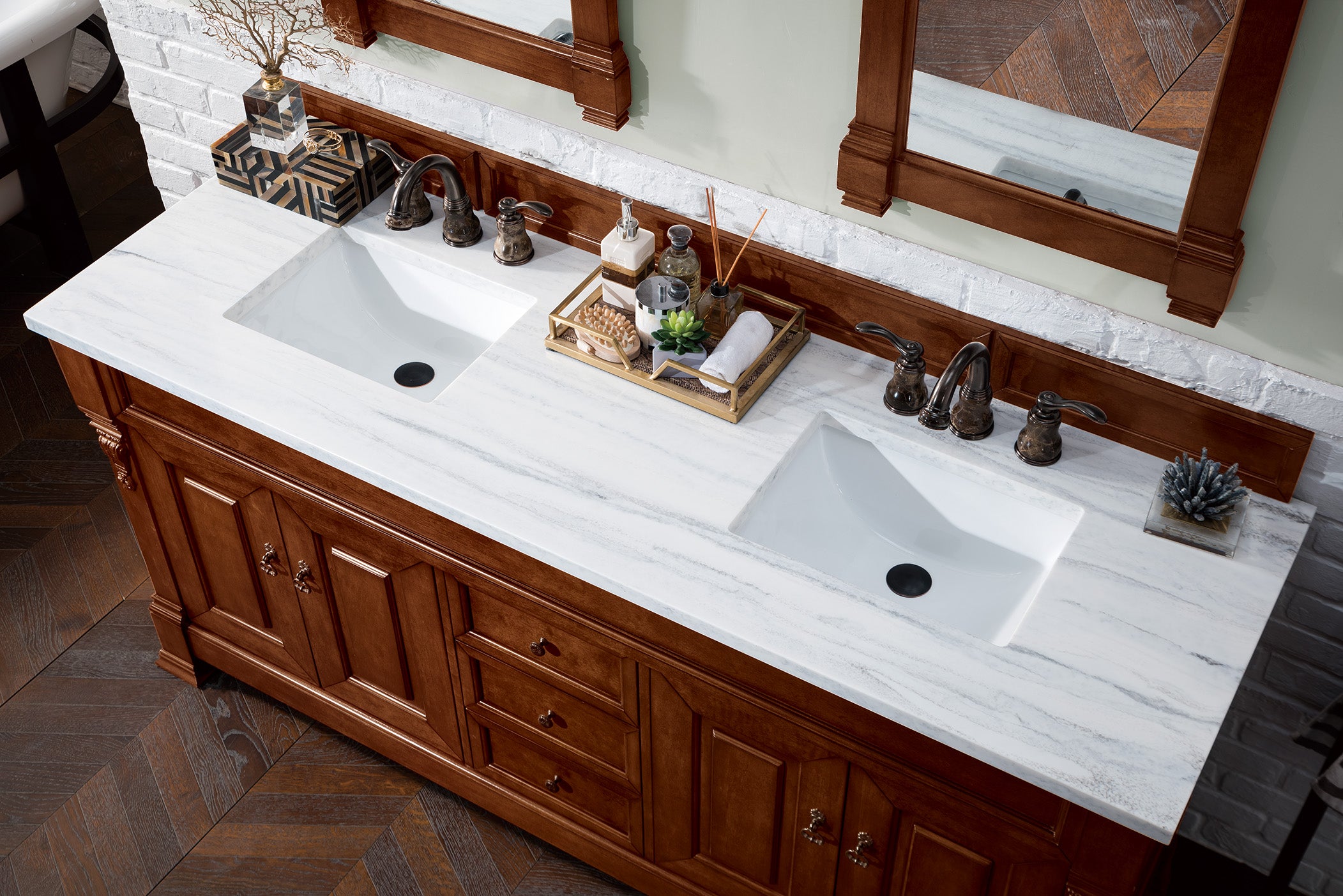 Brookfield 72 Inch Double Bathroom Vanity with Warm Cherry Finish & 3CM Arctic Fall Solid Surface Top - Perfect for Master Bathroom Remodeling
