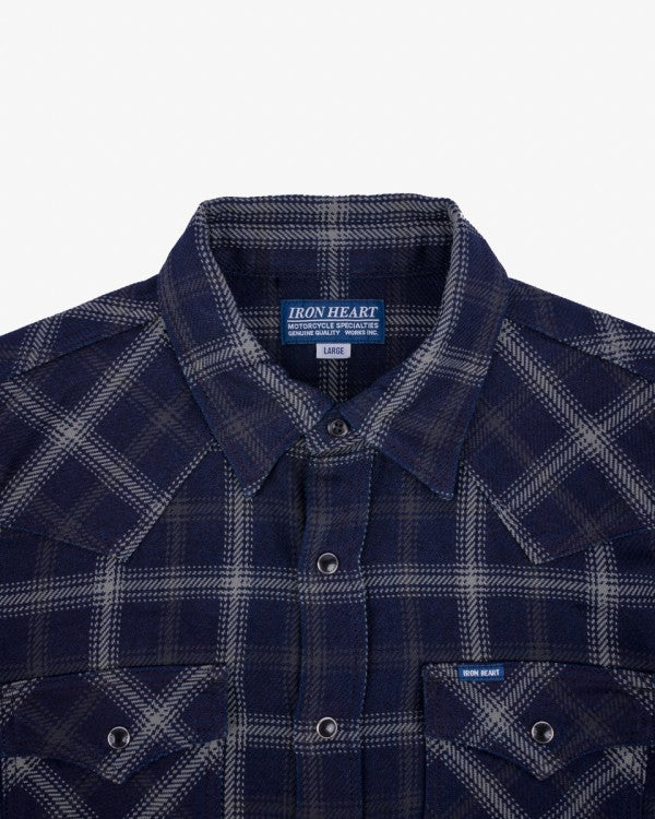 Iron Heart IHSH 411 9oz Selvedge Indigo Check Flannel Western Shirt for Men - Black Plaid Workwear Shirt for Casual & Outdoor Wear