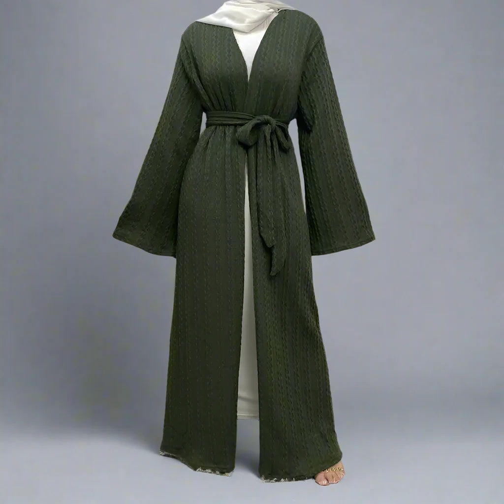 Muslim Women's Winter Wool Open Abaya Dress with Pockets - Elegant Long Dress for Prayer, Mosque & Special Occasions
