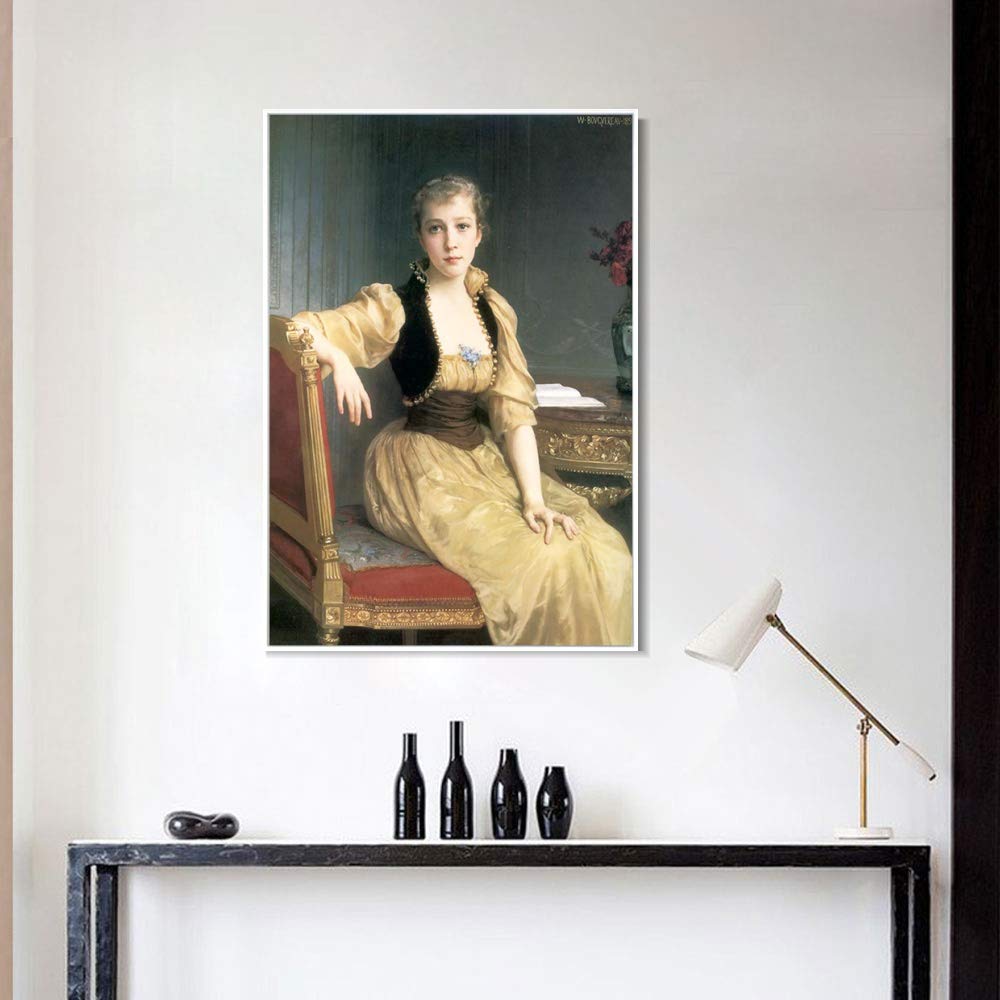 William Adolphe Bouguereau Seated Woman in White Dress Framed Canvas Giclee Print - Premium Wall Art for Living Room & Home Office Decor (28x40 Inches, White Slim Frame) | Elegant Home Decor & Gift Idea