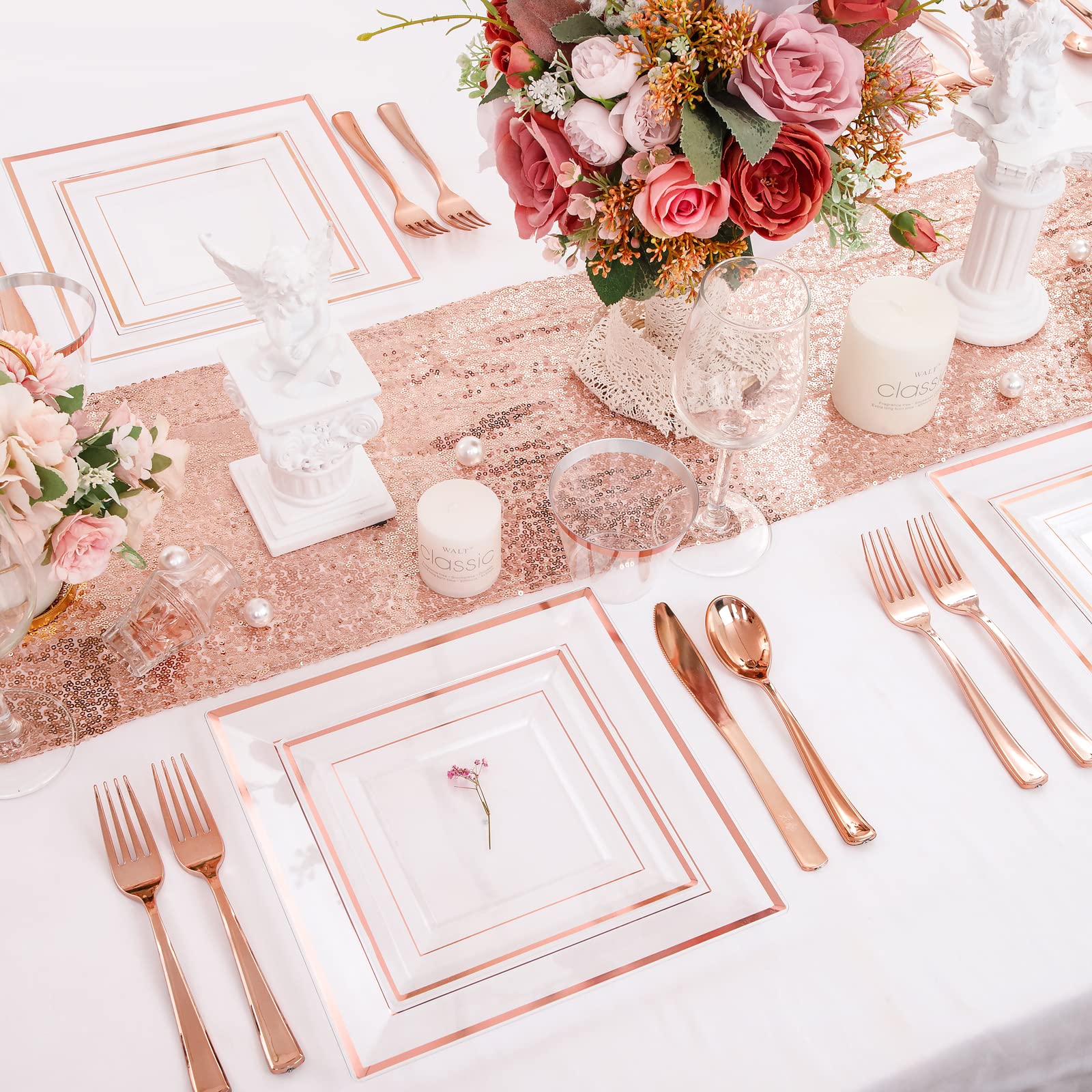 WELLIFE 150-Piece Rose Gold Disposable Plastic Dinnerware Set - 25 Square Dinner Plates, 25 Dessert Plates, 25 Cups, 25 Forks, 25 Knives, 25 Spoons - Elegant Party Tableware for Weddings, Birthdays & Events