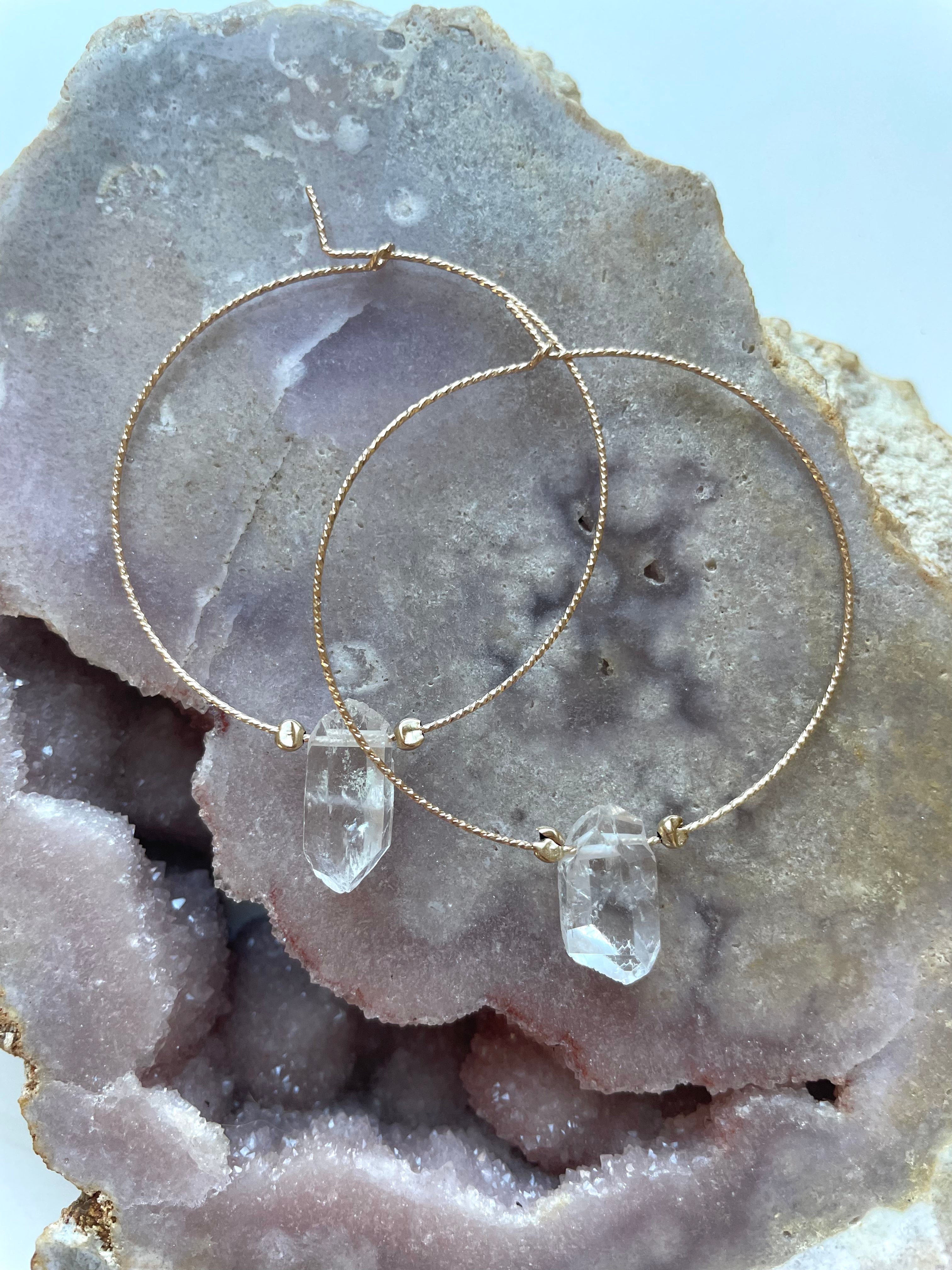 Thin Single Clear Quartz Boho Hoop Earrings for Women - Minimalist Crystal Dangle Earrings for Everyday Wear, Boho Chic Jewelry for Casual Outfits & Special Occasions