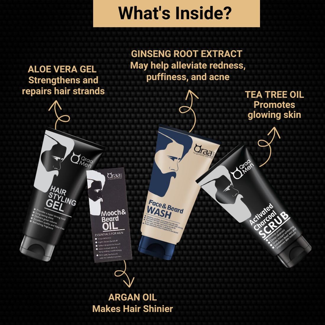 Qraa Men's Grooming Kit - 4-in-1 Premium Set (Face Wash, Styling Gel, Scrub & Beard Oil) 330g - Luxury Gift Box for Men - Perfect for Daily Skincare & Beard Care Routine