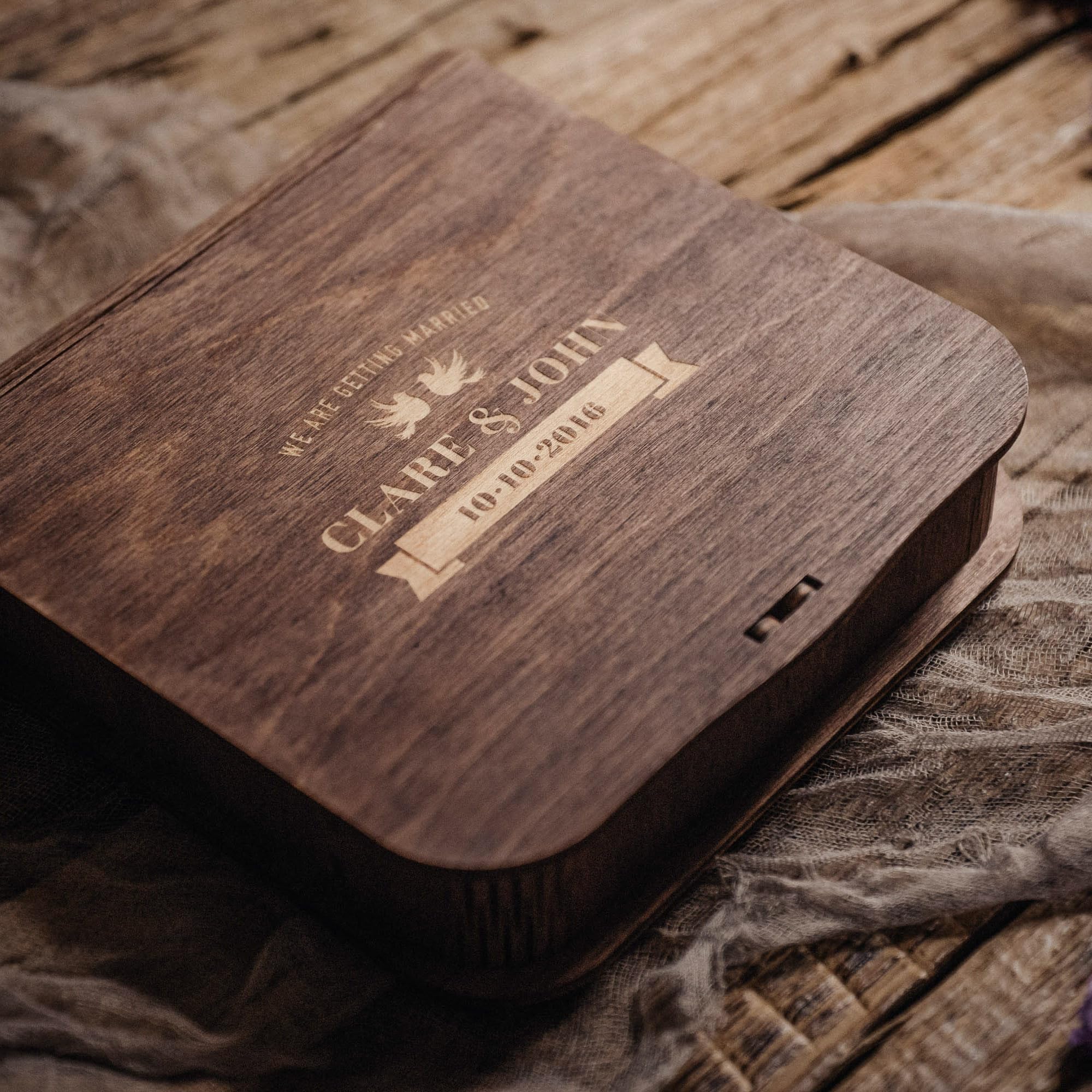 Personalized Wooden Wedding Photo Box with USB Drive - Custom Engraved Anniversary Gift for Couples - Walnut Keepsake Memory Box for 4x6