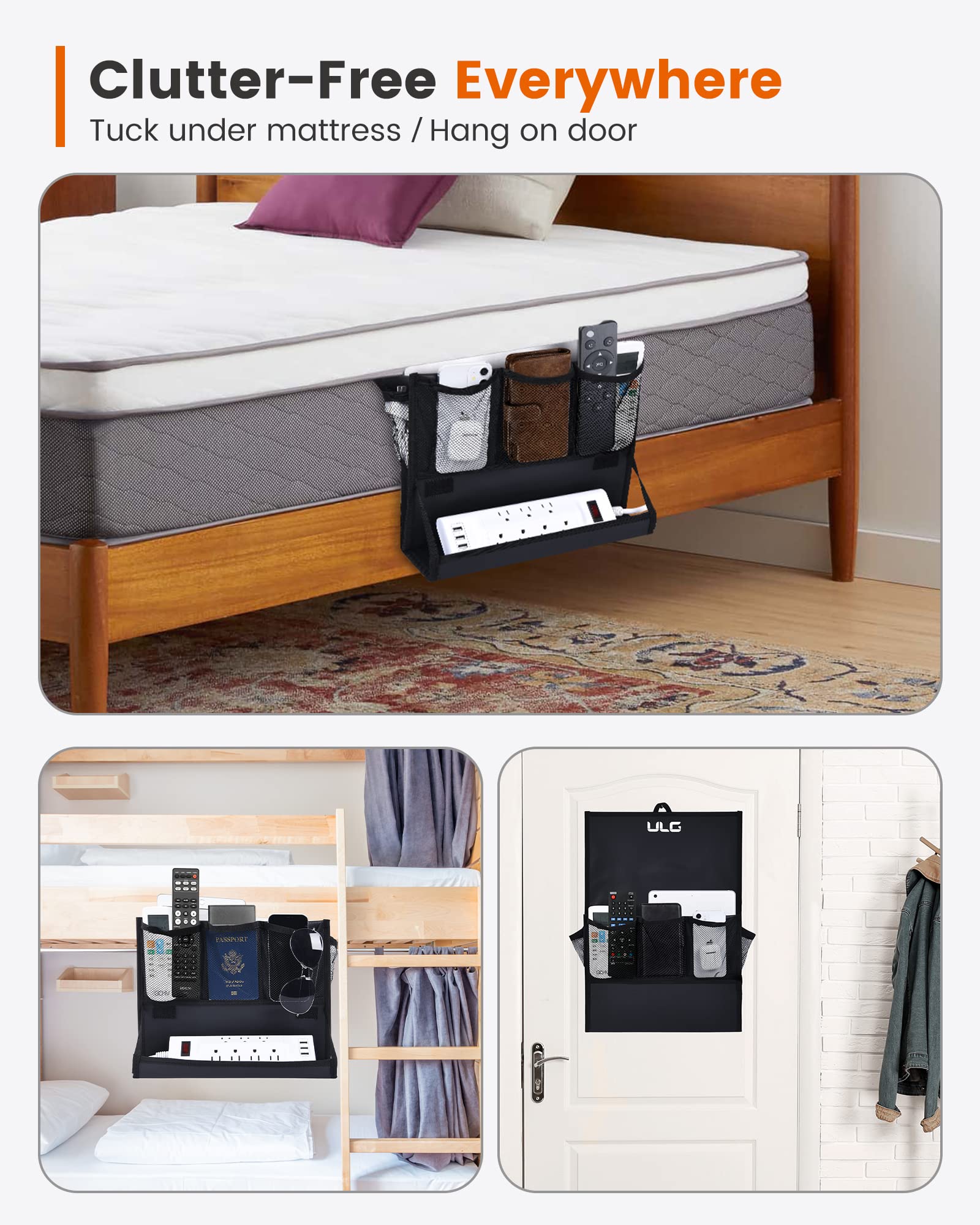 ULG Bedside Caddy - Hanging Bedside Organizer with Power Strip Holder & 6 Pockets, Multifunctional Storage for Remotes, Magazines, Phones, Tablets (Black) - Perfect for Bedroom, Dorm, Nursing Home & Small Space Organization