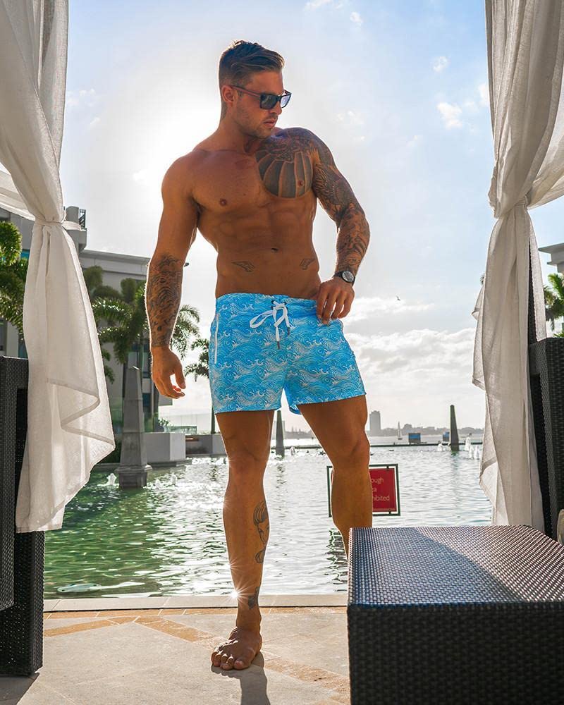 Tucann Make Waves Blue Swim Shorts for Men - 4-Way Stretch Quick Dry Swim Trunks with Chlorine Resistant Fabric & Built-in Compression Liner | Perfect for Beach, Pool, Surfing & Water Sports