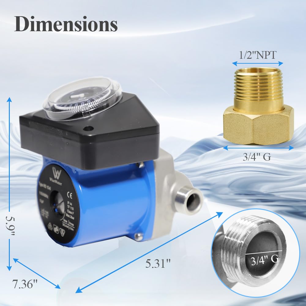 WiseWater 110V Shielded Hot Water Recirculating Pump with Timer - 100W 10 GPM Circulation Pump for Boiler, Solar Heater & Hydronic Radiant Heating - 3/4