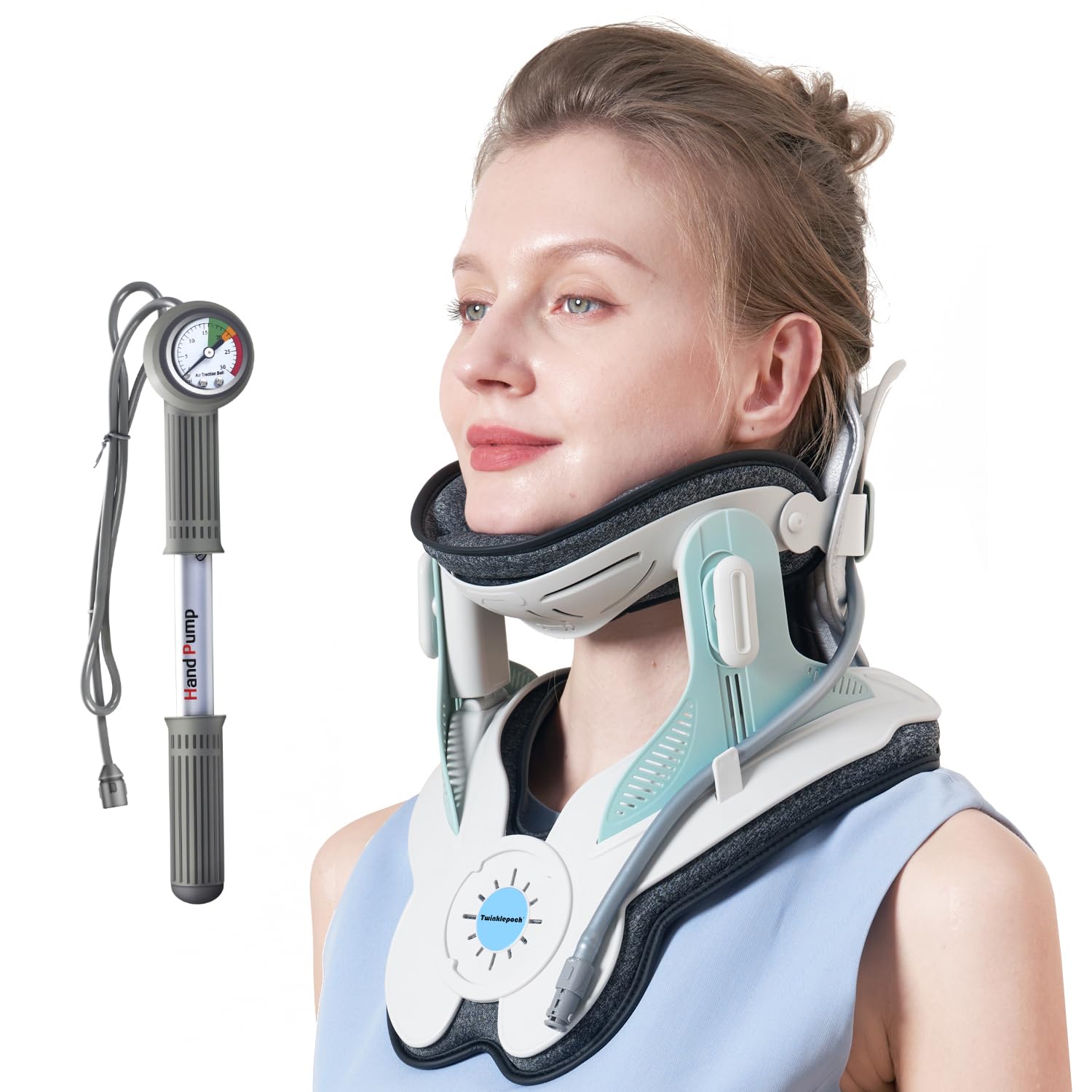 Twinklepoch Adjustable Cervical Neck Traction Device - 3 Power Levels for Neck Pain Relief, Manual Air Pump, Home Physical Therapy - Perfect for Office Workers, Seniors & Post-Surgery Recovery (Blue)