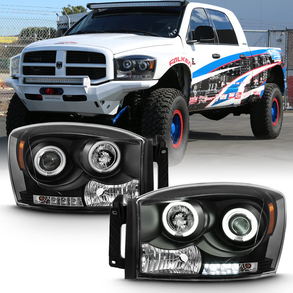 ACANII LED CCFL Halo Black Housing Projector Headlights for 2006-2008 Dodge Ram 1500 2500 3500 - Upgrade Your Truck's Lighting for Night Driving & Off-Road Adventures