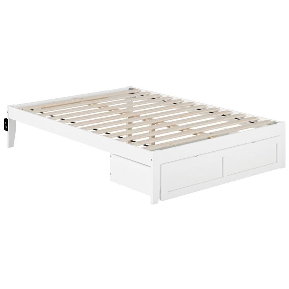 BOWERY HILL Modern White Wood Full Bed Frame with Storage Drawer and USB Charging Ports - Perfect for Small Bedrooms, Guest Rooms & Dormitories