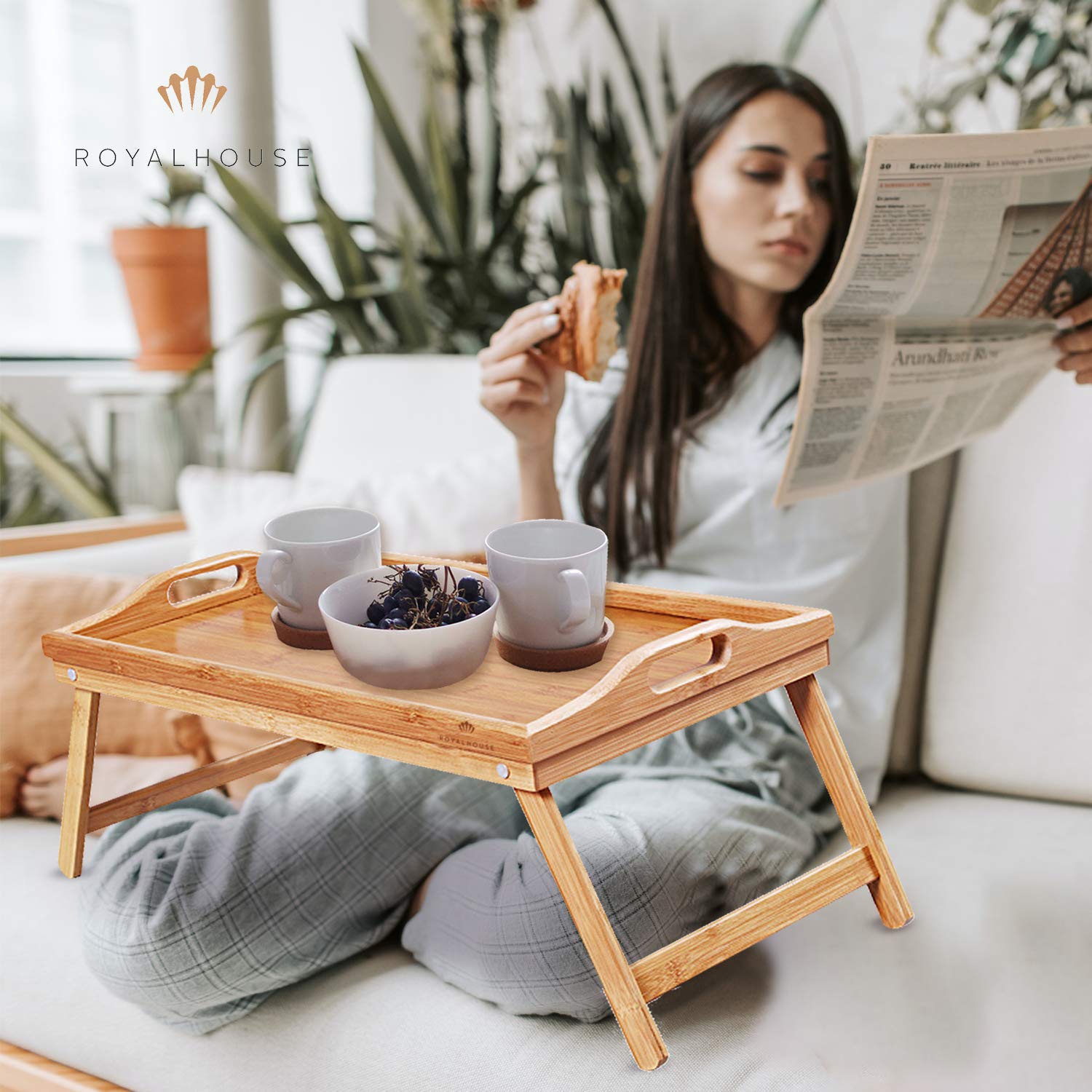 RoyalHouse Premium Bamboo Bed Tray with Folding Legs - Portable Breakfast Lap Tray for Eating, Working & Reading in Bed - Perfect for Home, Office & Travel Use