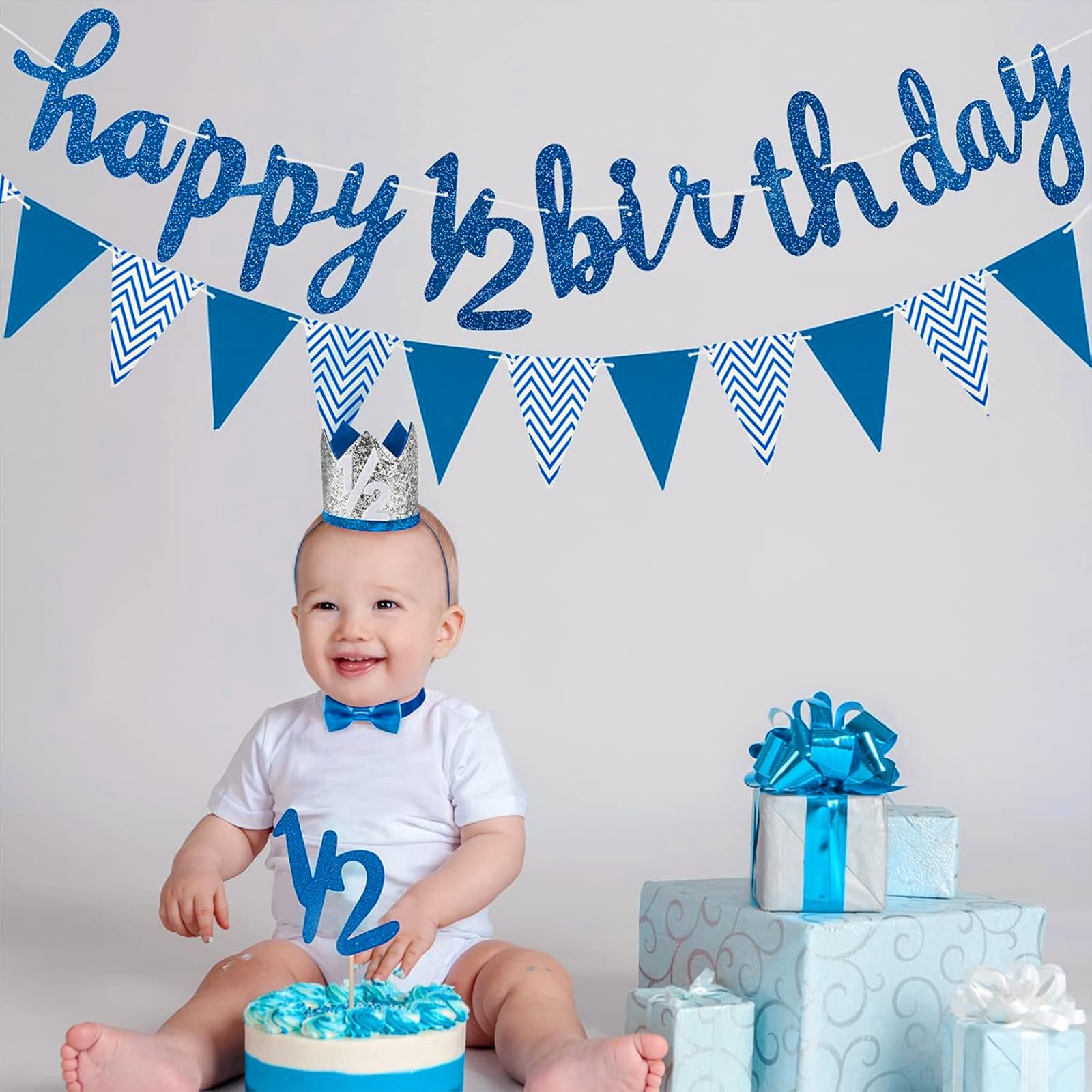 Spakon Glitter Half Birthday Banner Set - 6 Months Happy Birthday Decorations for Baby Boy & Girl - Includes Cake Topper, Triangle Flags, Crown Hat & Bow Tie (Dark Blue) - Perfect for 1/2 Year Celebrations, Photo Shoots & Milestone Parties