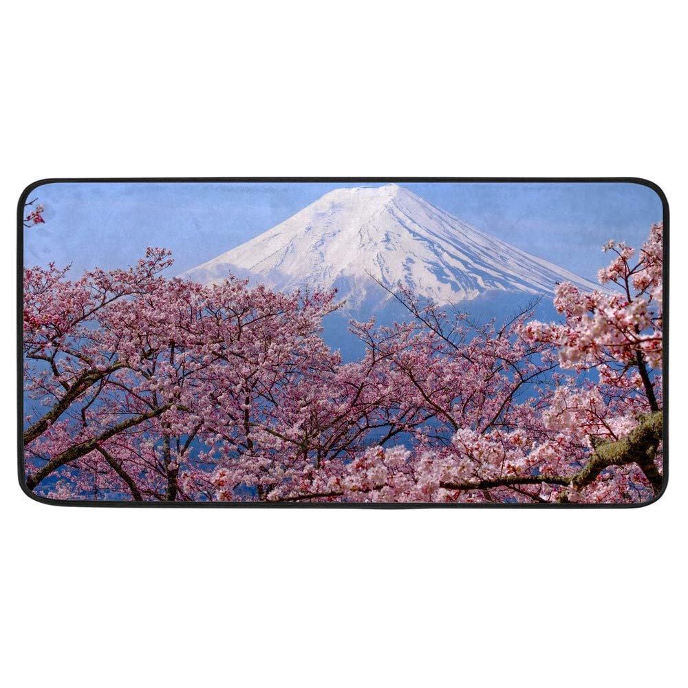 Non-Slip Memory Foam Kitchen Rug & Bathroom Mat - Soft Plush Floor Rug with Mt Fuji Cherry Blossom Design, Extra Thick & Machine Washable (39x20 Inch) - Perfect for Kitchen, Bathroom, Entryway & Laundry Room