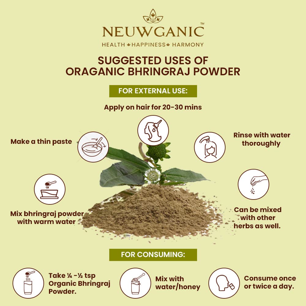 Neuwganic Organic Bhringraj Powder - USDA & India Organic Certified - Promotes Hair Growth - 200g (Pack of 1) - Perfect for DIY Hair Masks & Herbal Hair Oil Treatments