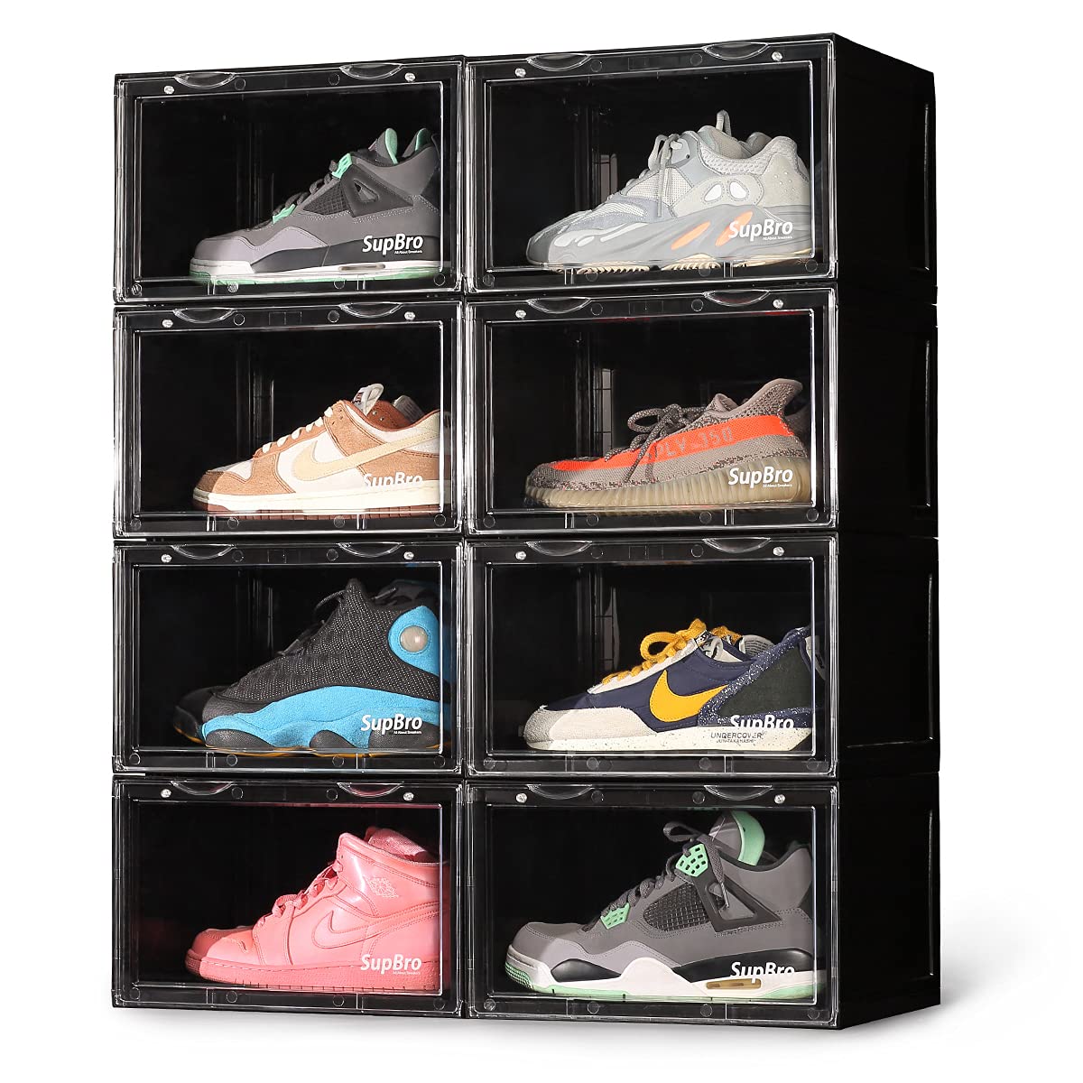 SupBro 8-Pack Black Foldable Stackable Shoe Storage Box with Clear Side Door - Plastic Sneaker Display Organizer for Easy Access & Space Saving - Perfect for Closet, Bedroom, or Sneaker Collection Organization