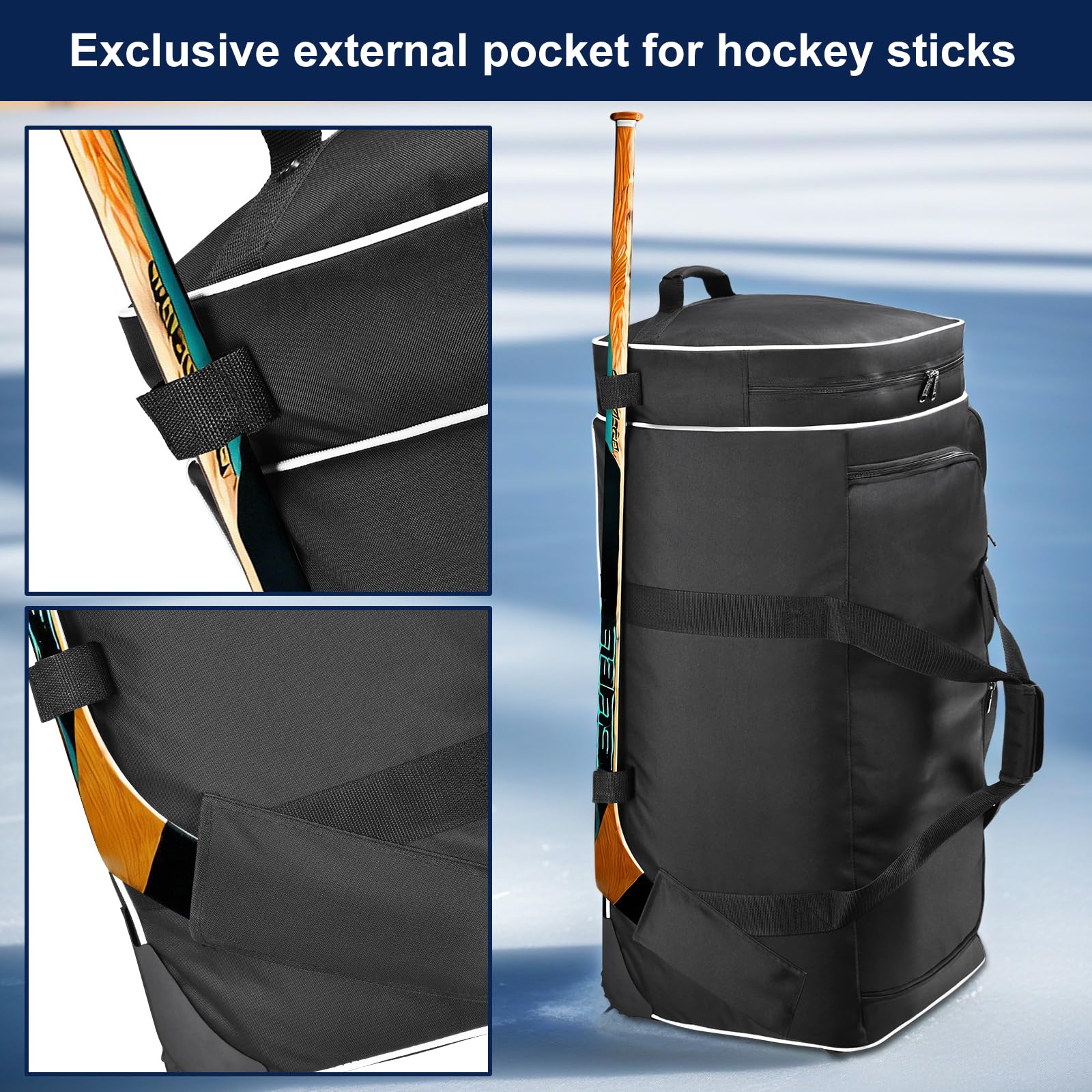 33 Inch Wheeled Hockey Duffle Bag with Separate Shoe Compartment - Large Travel Hockey Gear Bag for Players & Coaches - Perfect for Ice Rink, Tournaments & Gym (Black)