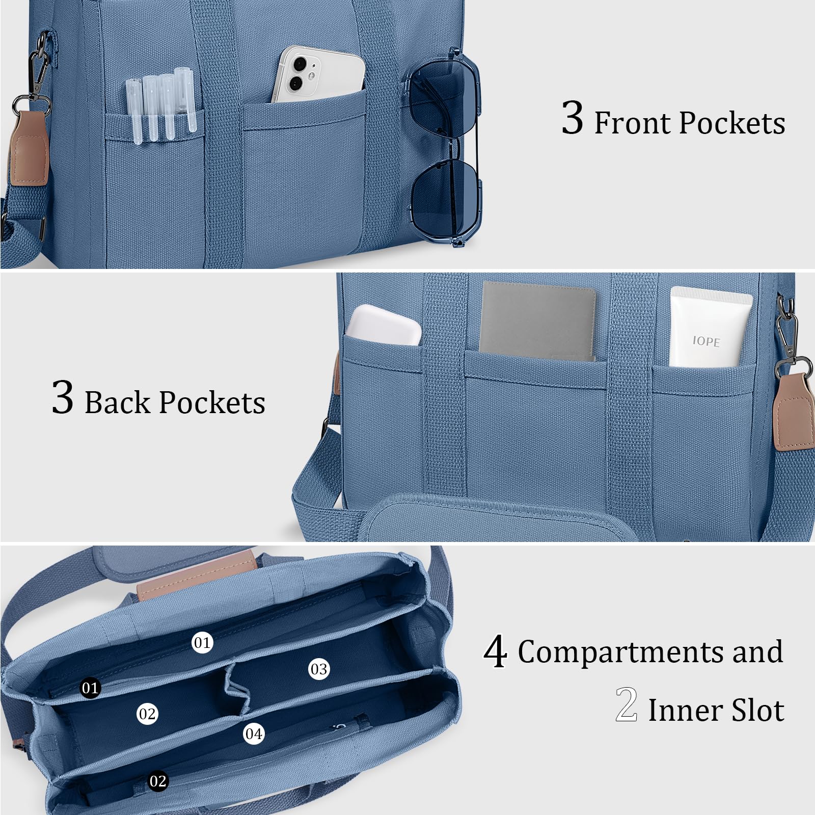 Stylish Canvas Tote Bag for Women with Multiple Pockets & Compartments - Crossbody Shoulder Handbag for Work, Travel & Shopping | Durable Everyday Carry All Organizer Bag