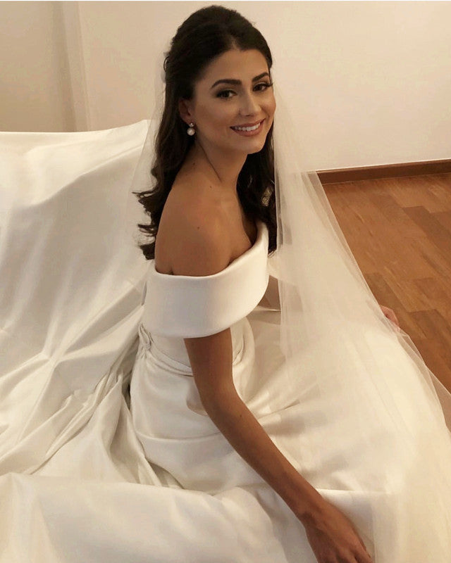 Elegant A-Line Off-The-Shoulder Satin Wedding Dress - 2019 Bridal Gown for Beach, Church & Outdoor Ceremonies