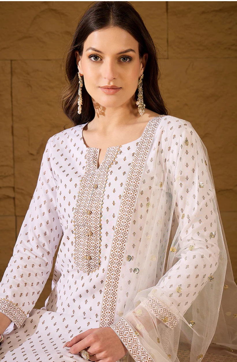 White Viscose Rayon Ethnic Printed Straight Suit Set for Women - Bohemian Style Summer Outfit for Beach, Vacation & Casual Wear