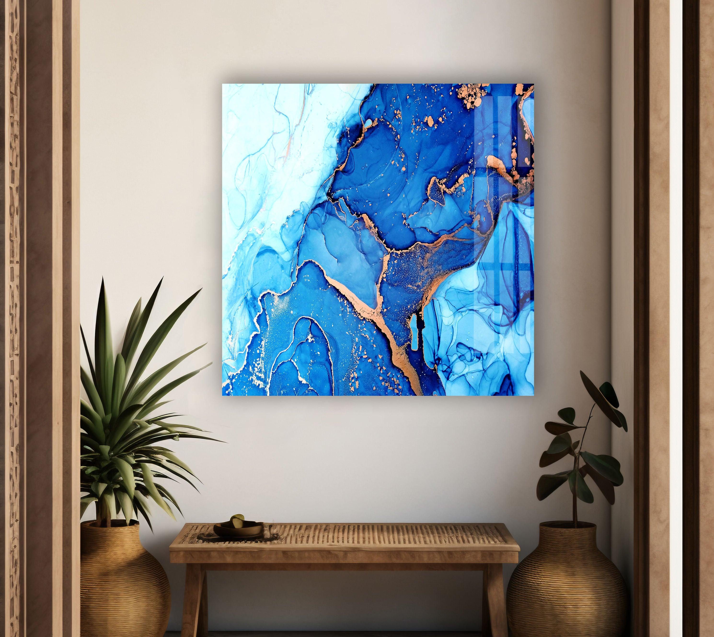 Blue Abstract Liquid Ink Art Glass Wall Decor - Modern Home & Office Decoration for Living Room, Bedroom, or Workspace