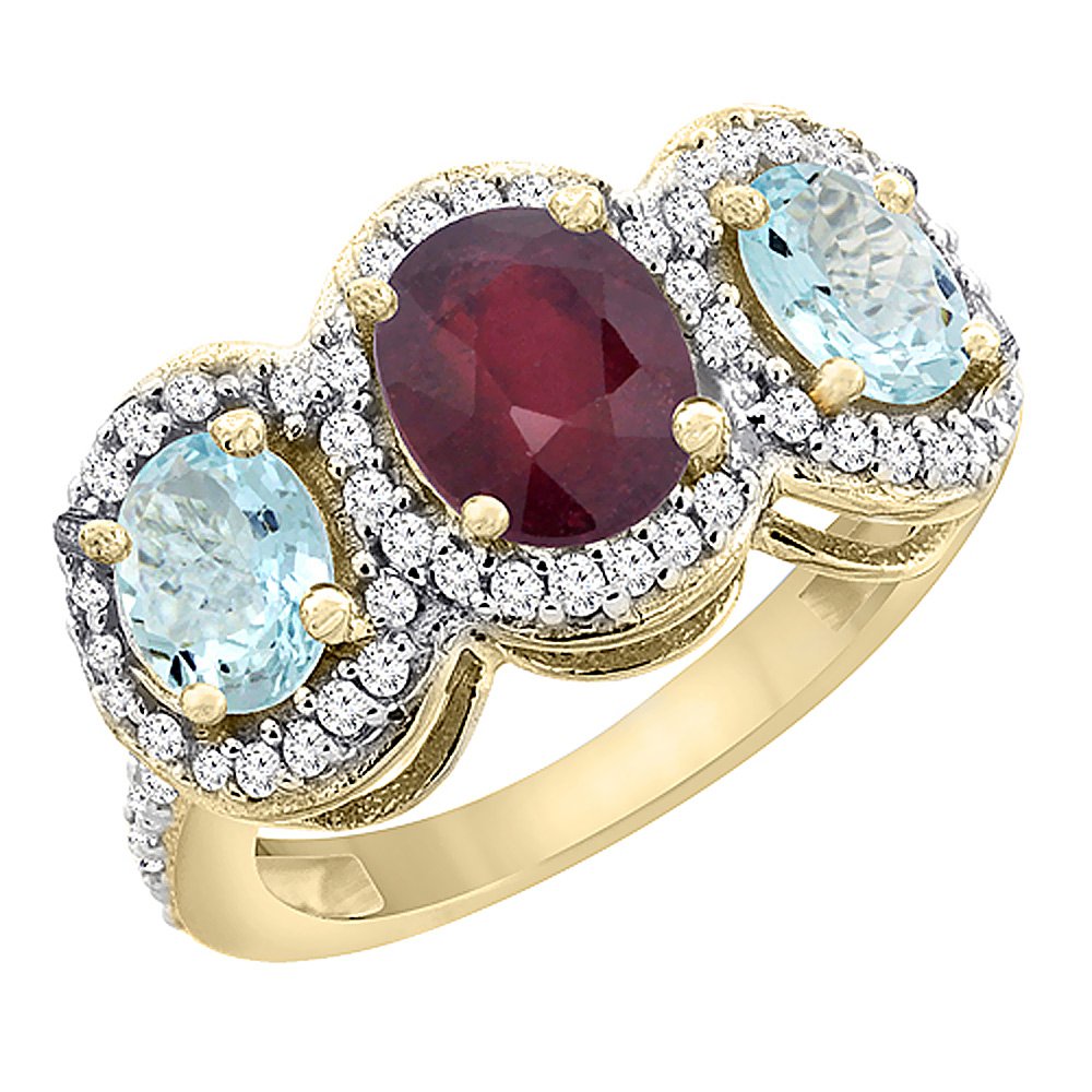 14K Yellow Gold Natural Ruby & Aquamarine 3-Stone Mothers Ring with Oval Diamond Accent - Size 5-10 - Perfect Gift for Mother's Day, Birthday & Anniversary