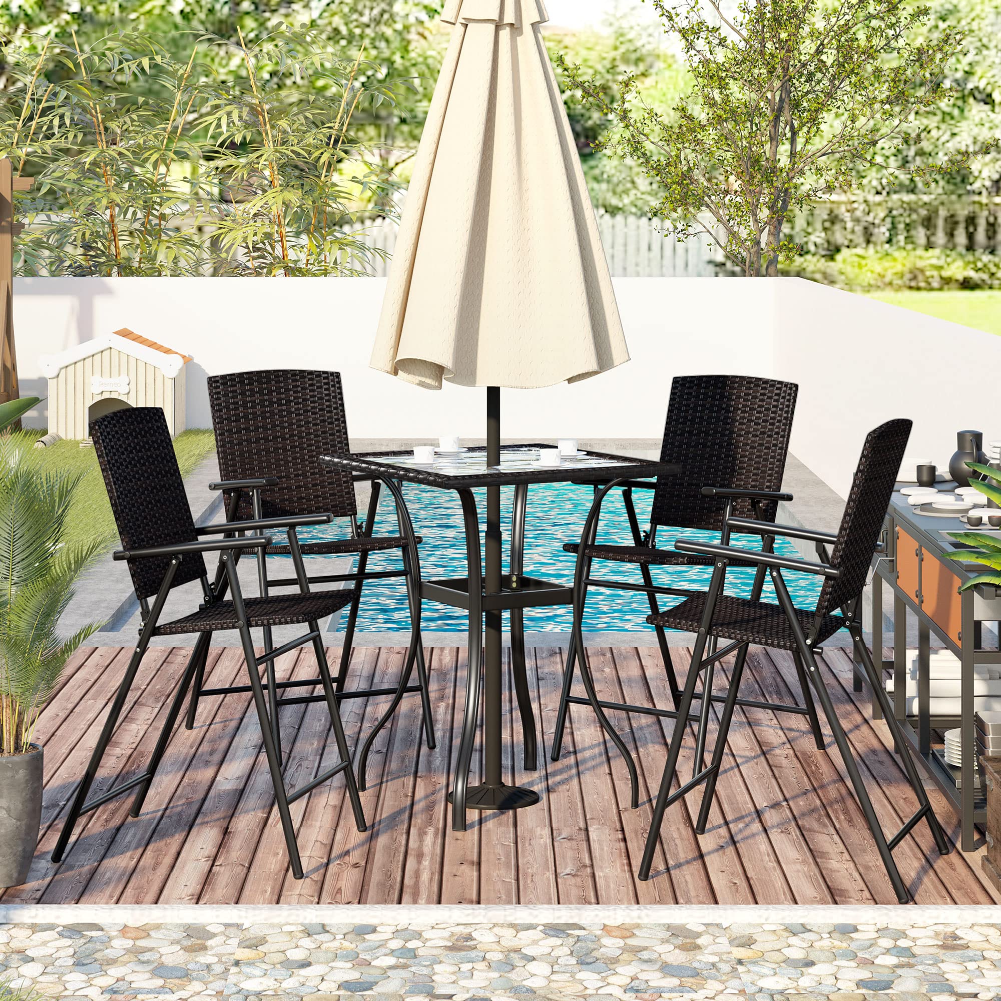 5-Piece Outdoor Patio Dining Set - PE Rattan Counter Height Table with Umbrella Hole & 4 Foldable Chairs - Bistro Pub Set for Backyard, Garden, Poolside - Perfect for Outdoor Entertaining, BBQs, and Relaxing by the Pool