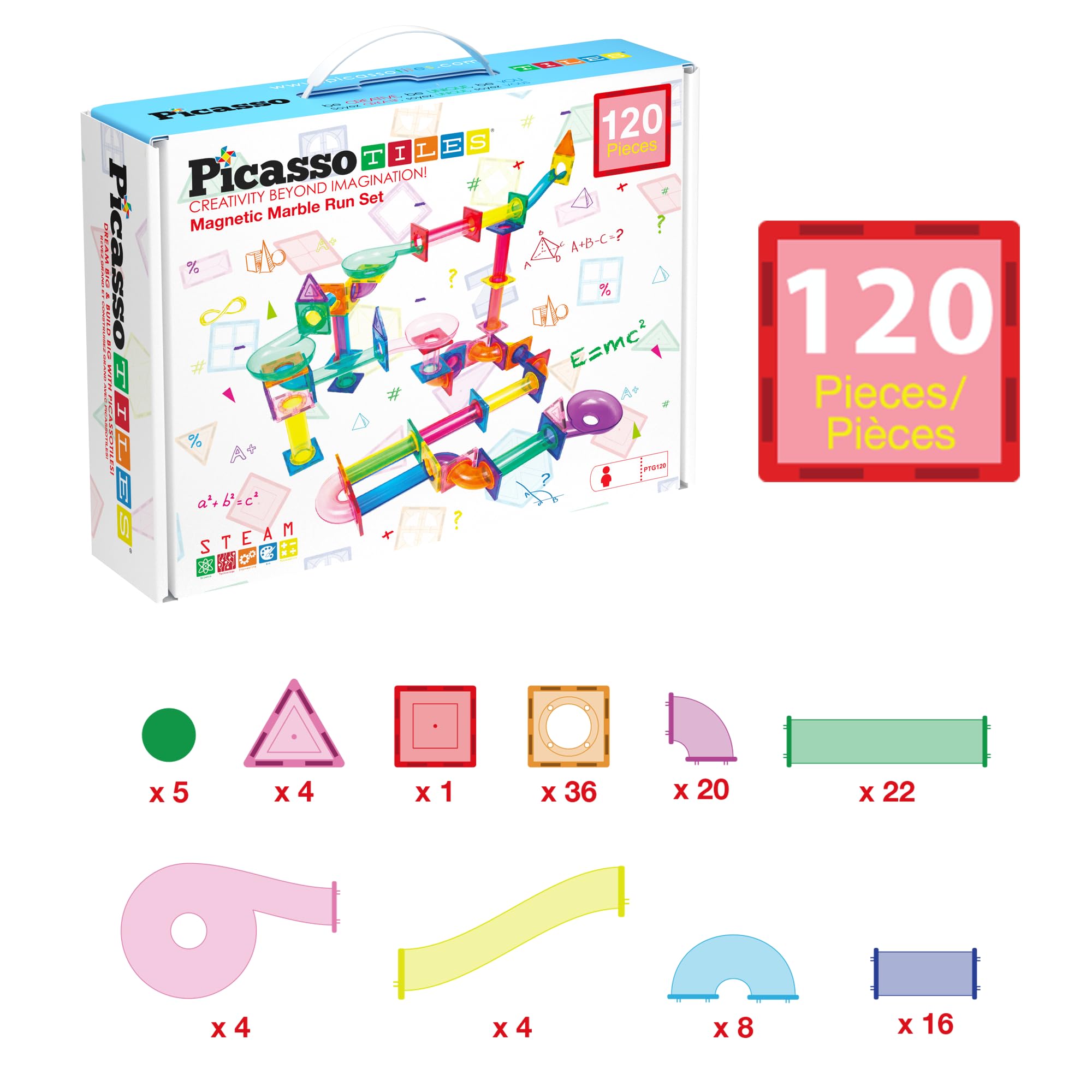 PicassoTiles 120-Piece Magnetic Marble Run Building Blocks Set - STEM Educational Construction Toy for Kids Ages 3+ | Boys & Girls Brain Development | Perfect for Classroom, Birthday Gifts & Family Playtime