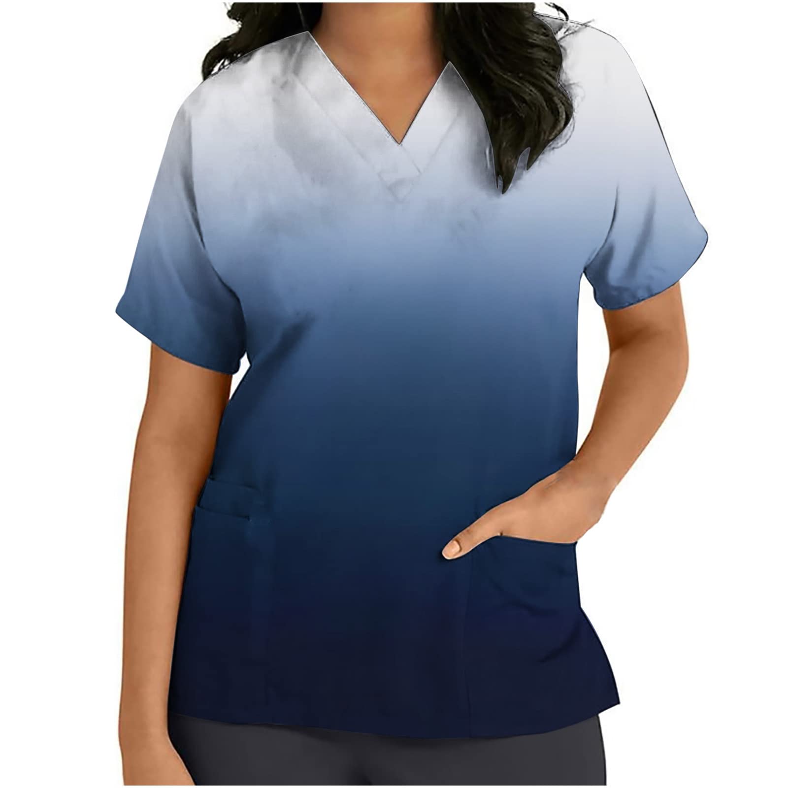 Women's V-Neck Short Sleeve Tie-Dye Scrub Top - Anti-Wrinkle Medical Uniform with Pockets for Nurses & Healthcare Professionals - Plus Size Workwear for Hospital, Clinic & Dental Office