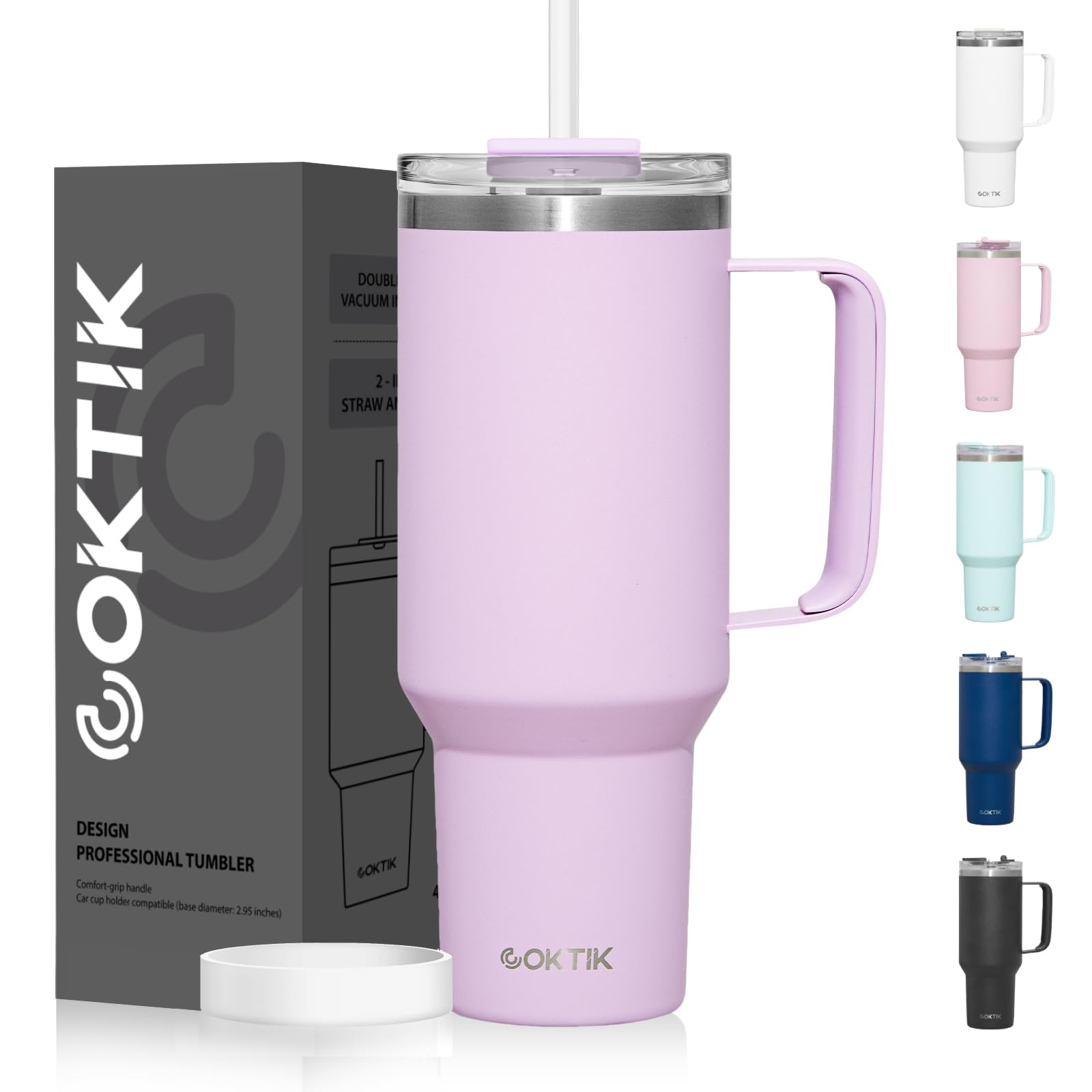 40 oz Stainless Steel Vacuum Insulated Tumbler with Handle & Straw Lid - Leakproof Travel Coffee Mug for Hot & Cold Drinks, Car Cup Holder Friendly (Lavender) - Perfect for Commuting, Camping & Office Use