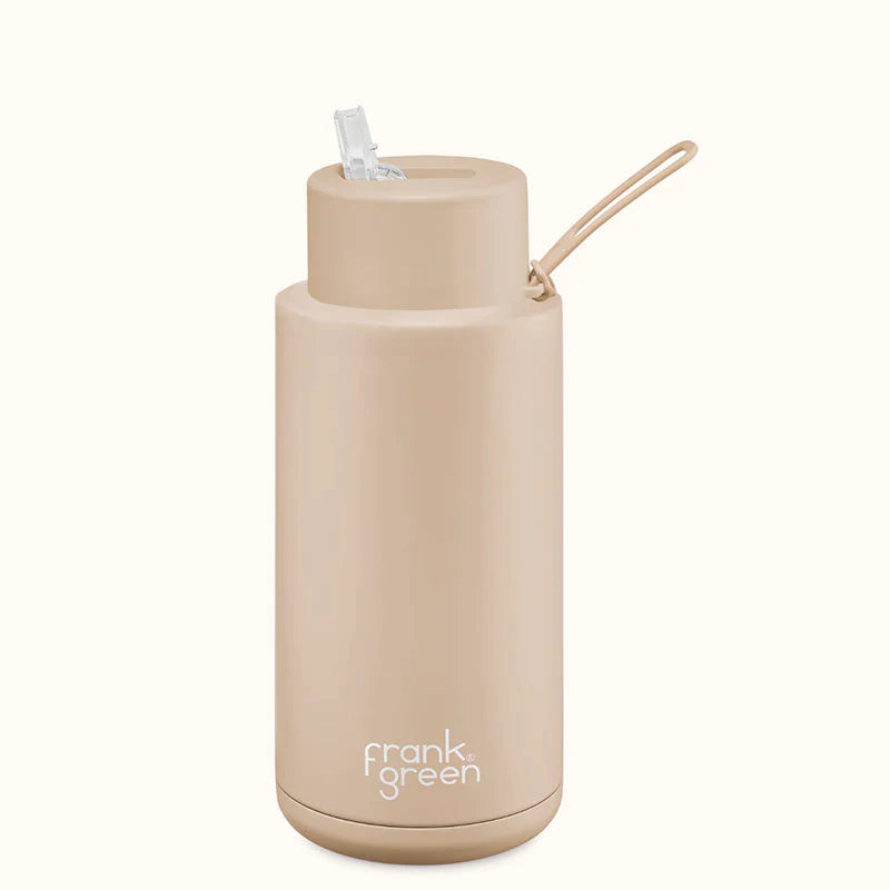 Frank Green 1L Ceramic Reusable Water Bottle with Straw Lid - 34oz Insulated Travel Mug for Hot & Cold Drinks - Perfect for Gym, Hiking, Office & Outdoor Activities
